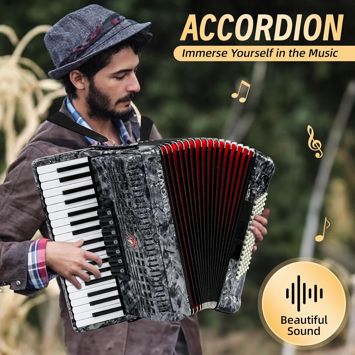 Accordion, 37 Keys 96 Bass Professional Accordion for Beginners and Advanced Players with Backpack and Strap (Gray)
