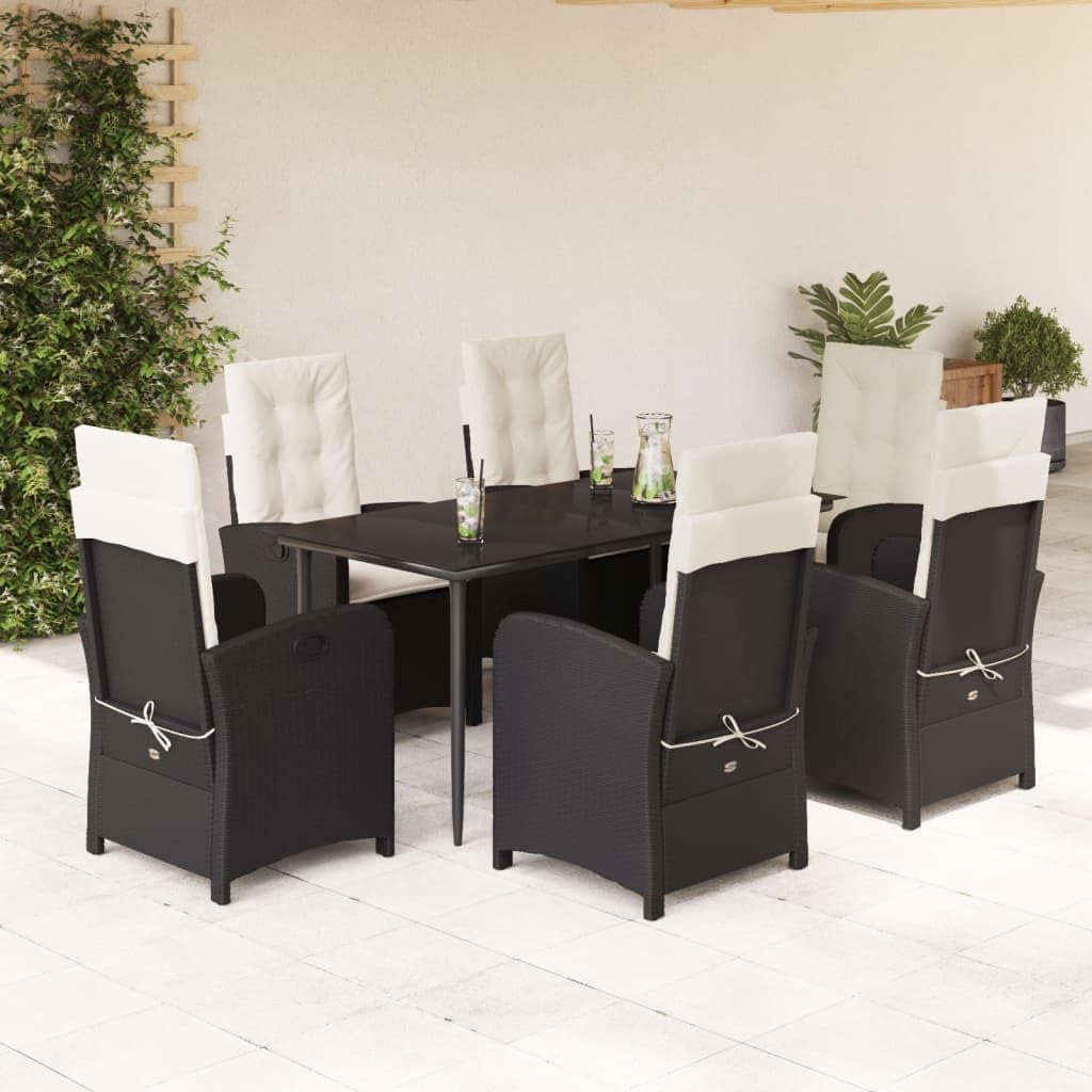 7 Piece Patio Dining Set with Cushions Black Poly Rattan,Outdoor Garden Dining Set with Adjustable Reclining Chairs and Tempered Glass Table Patio Furniture Sets, Outdoor Furniture Sets