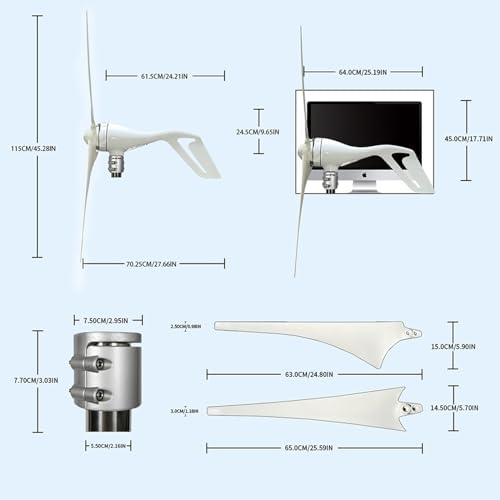 1000W Vertical Axis Wind Turbine Kit - 3 Blades 12V/24V/48V Free Energy Generator for Boat, Patio, Cabin, Mobile Home - Blue/Black Renewable Power Solution