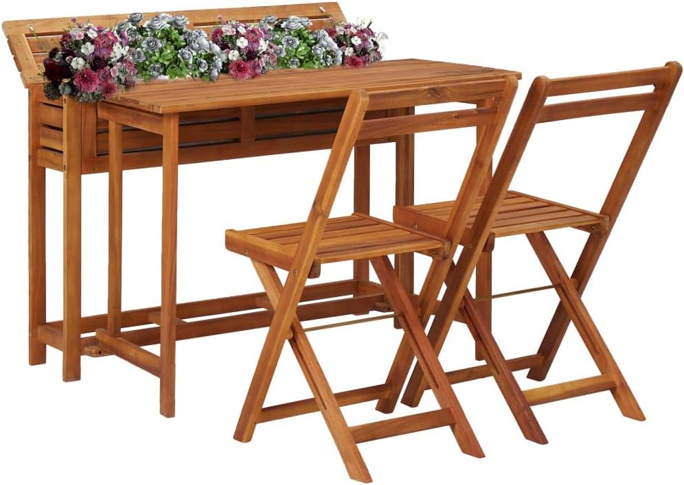 Patio Set Garden Planter Table with 2 Bistro Chairs Solid Acacia Wood