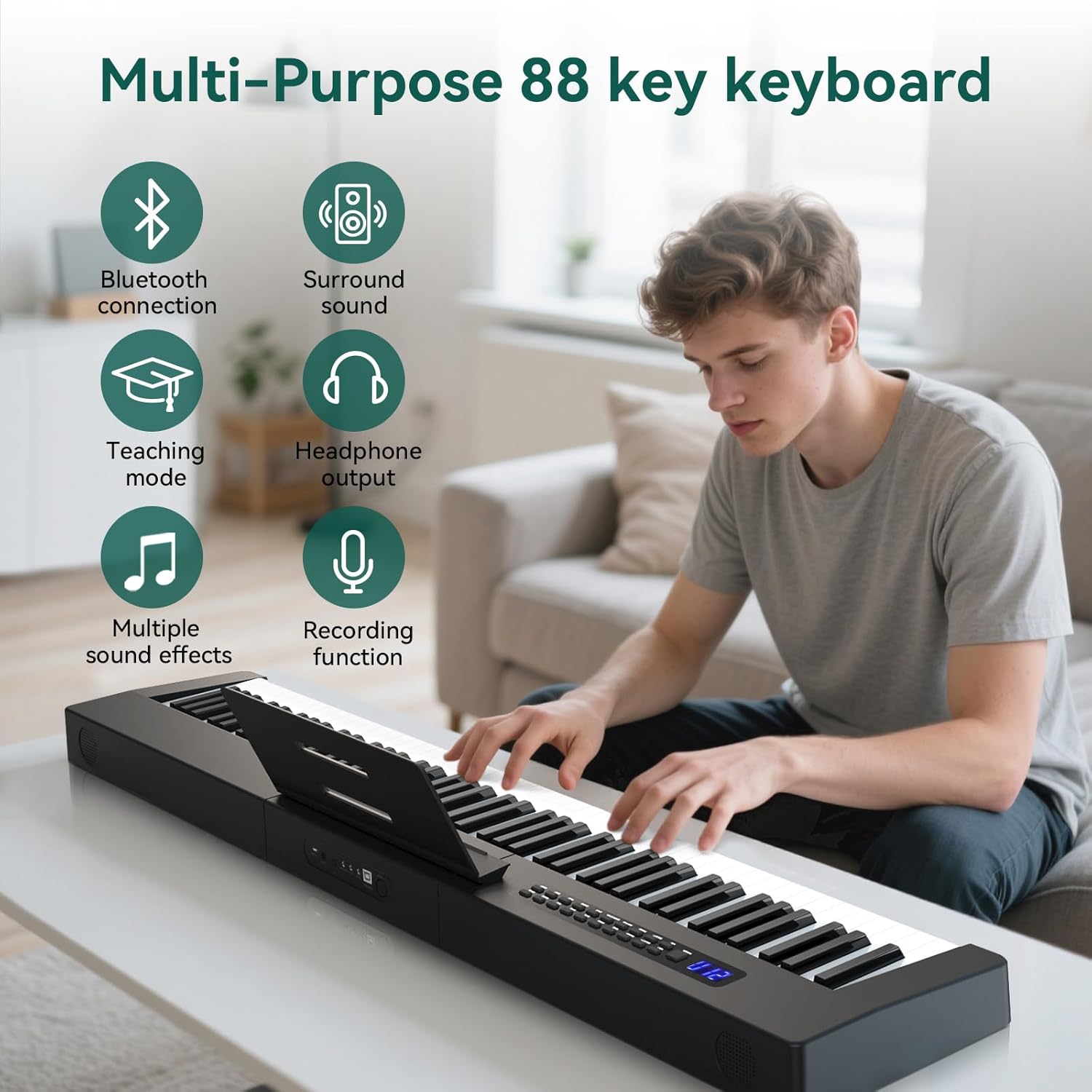 Rosen P21 Semi-Weighted Keyboard 88 Keys Beginner Digital Piano, Portable Electric Piano with Sustain Pedal and Power Supply,Black