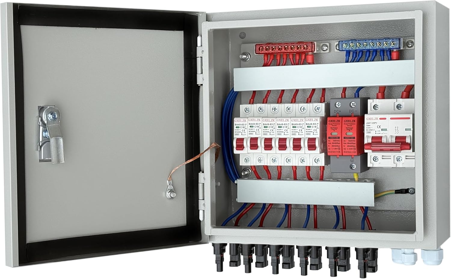 Hardcover 6 Strings Solar Combiner Box 80A DC Main Circuit Breaker with Power Surge and 16A Circuit Breaker This PV Combiner Box is Suitable for On/Off-Grid Solar Power
