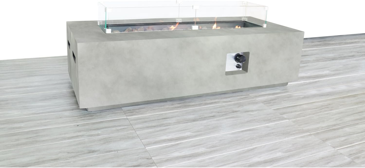 Rectangular Concrete Propane Fire Pit Table with Fiber Reinforcement - Grey - Adjustable Heat Output - Outdoor Patios, Decks, Backyards - Modern Warmth