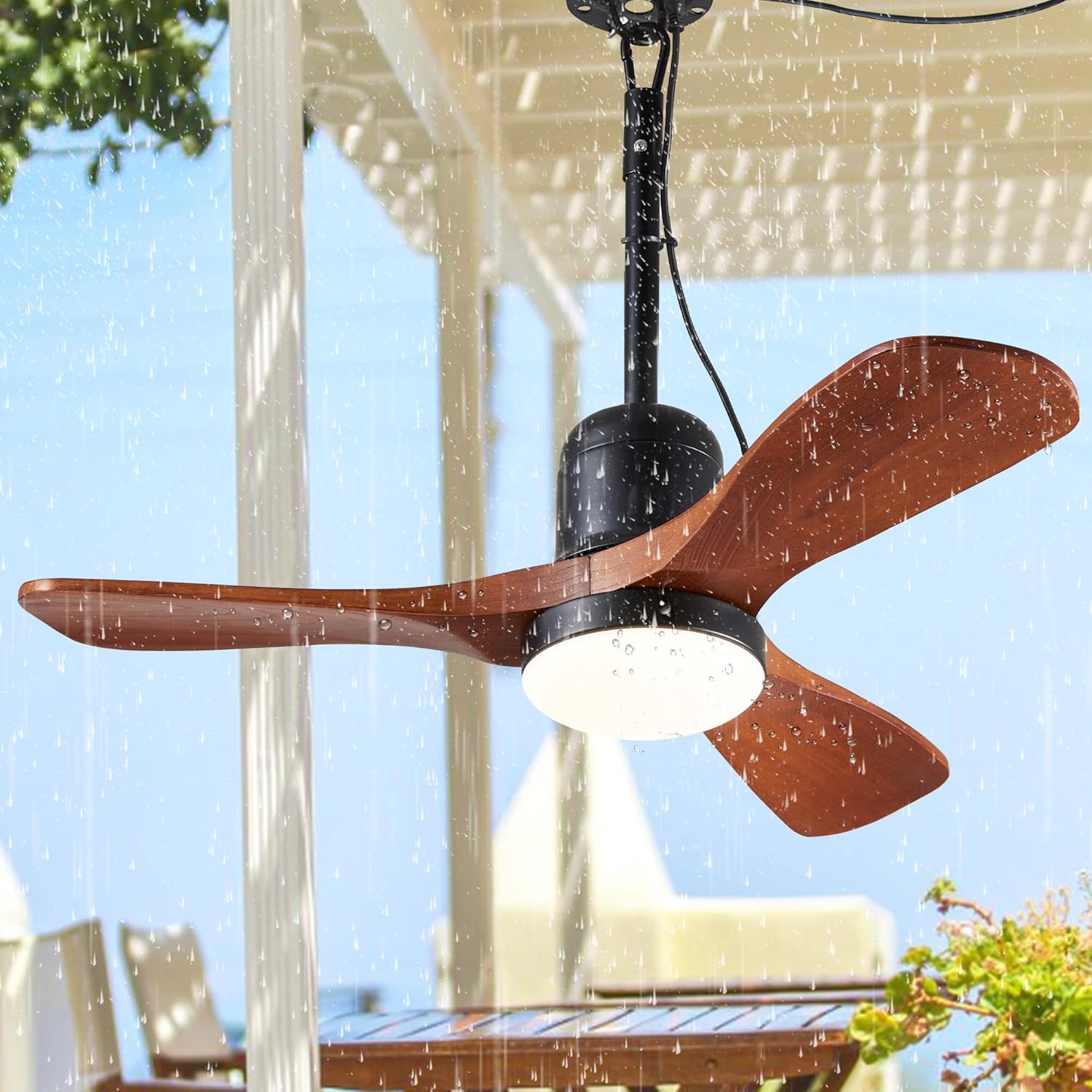 3 Blades Wood Outdoor Ceiling Fan with Light, Farmhouse Rustic Ceiling Fans with Lights, 34