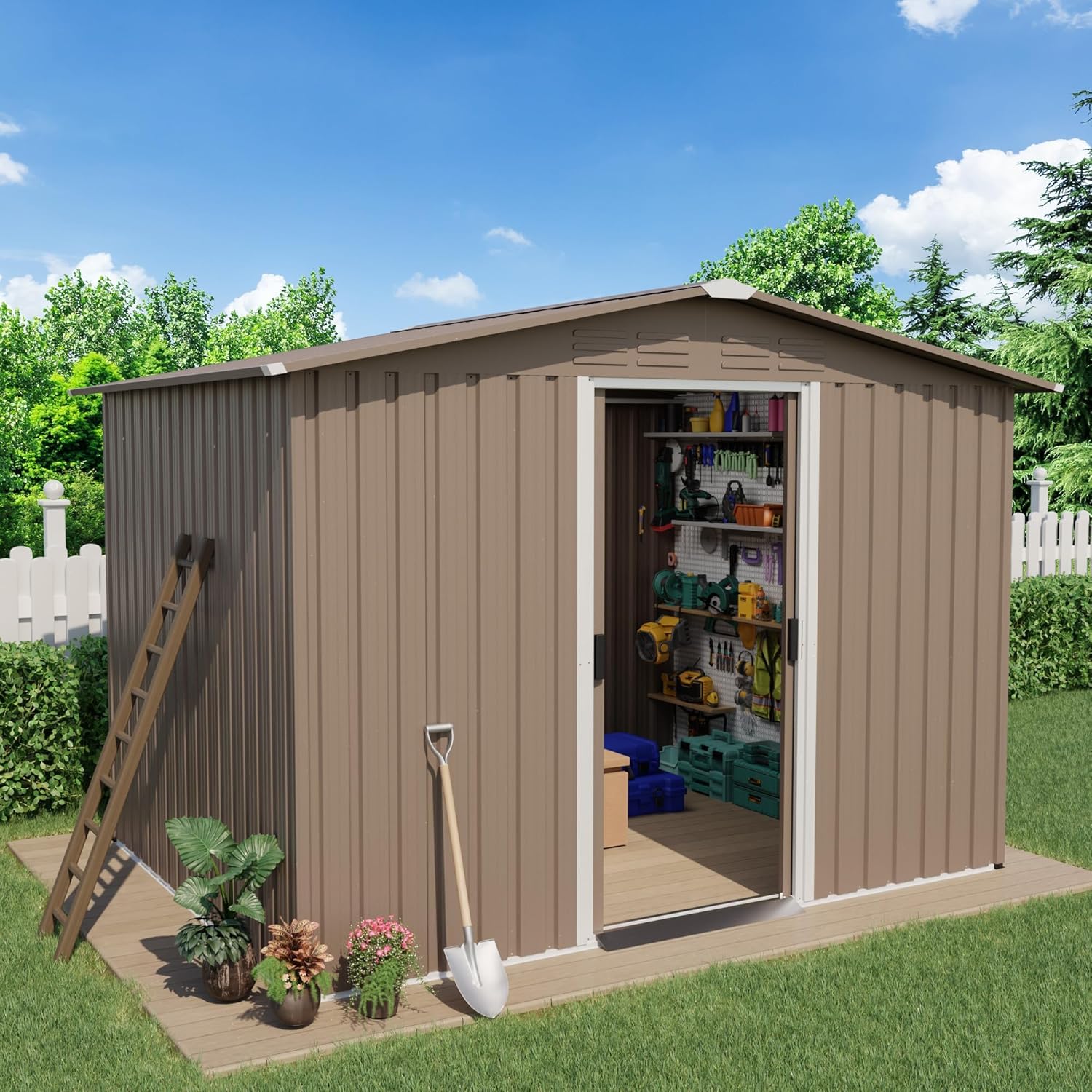 ALAULM 8'x6' Outdoor Storage Shed Outdoor Galvanized Metal Tool Shed with Vents & Sliding Door, Waterproof Garden Shed for Patio,Lawn,Backyard to Store Bikes,Tools-Brown