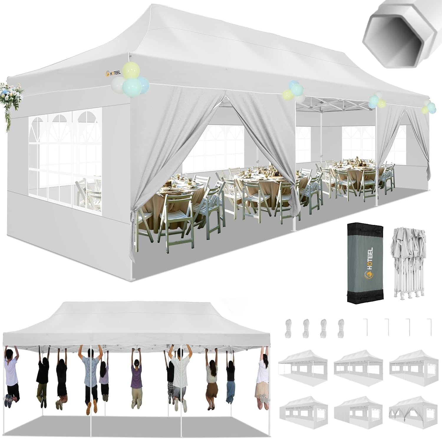 HOTEEL 10x30 Heavy Duty Pop Up Canopy Tent with Sidewalls, Tents for Parties Commercial Party Tent Event Wedding Instant Canopy Waterproof with Carry Bag, UV 50+, Thicked Hexagonal Legs, White