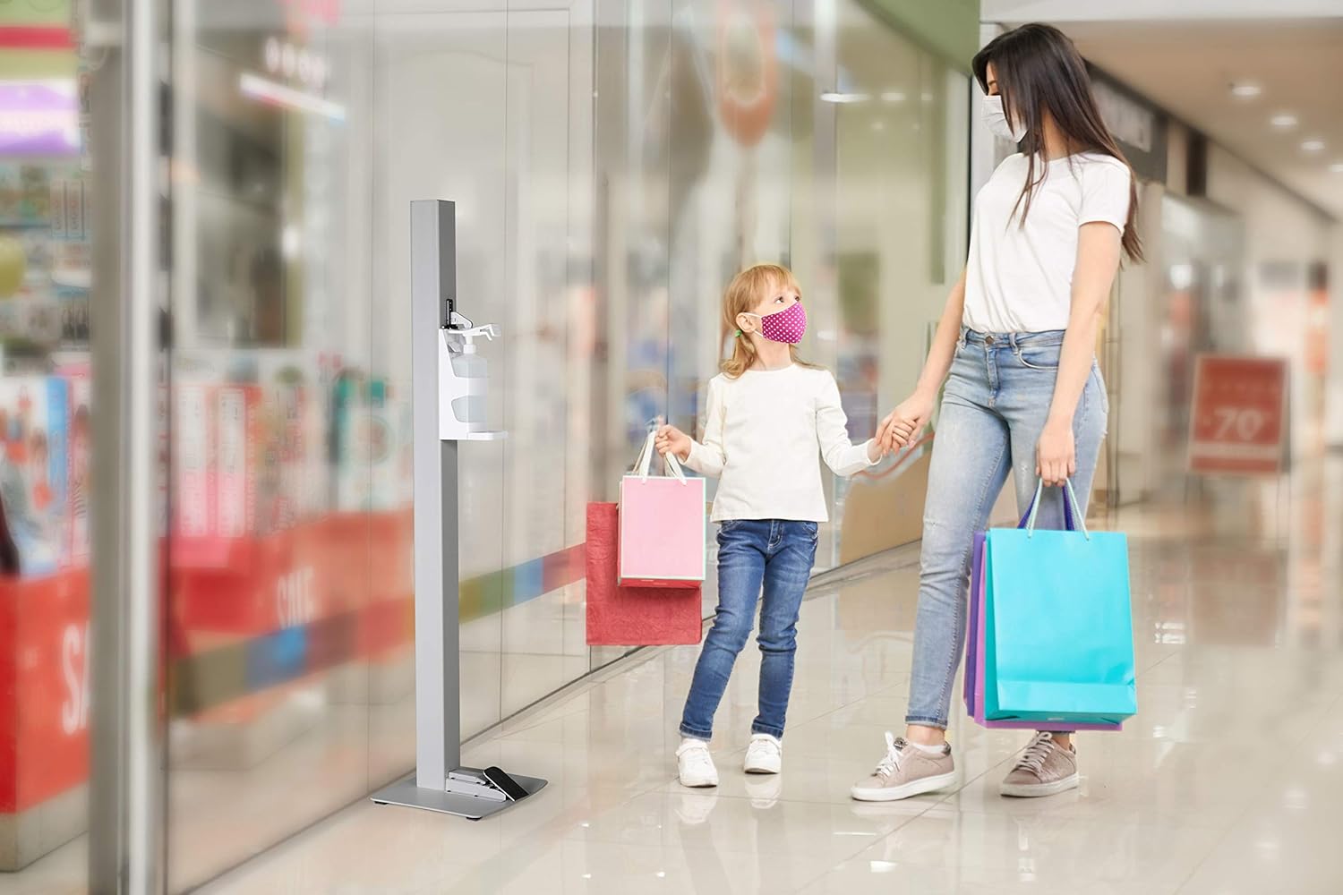 M&T Displays Basic Hand Sanitizer Dispenser Station Gray Handsfree Touchless Foot Operated Refillable 1000 mL. (33.8 oz.) for Liquid/Lotion Soap Sanitizing Products Floor Standing Commercial