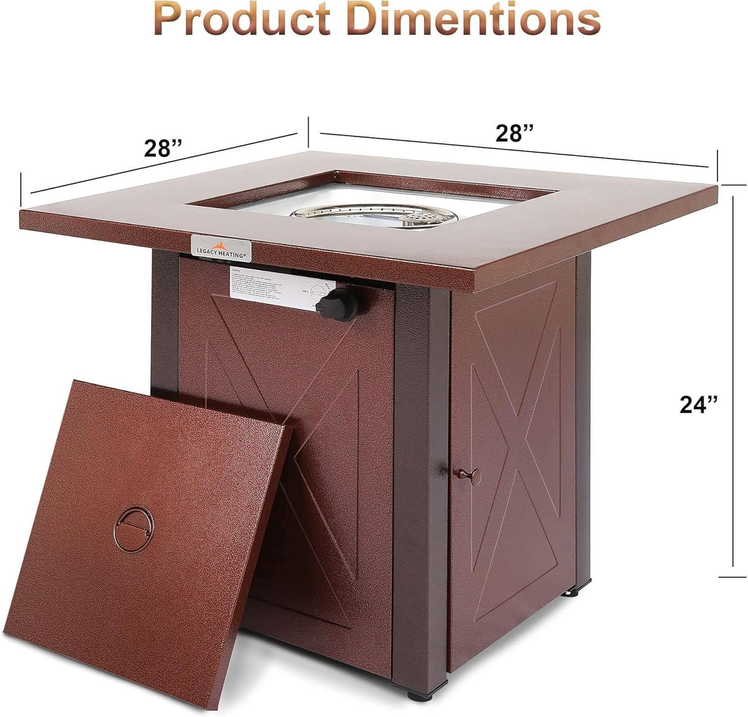 28 Inches Square Outdoor Propane Fire Pit Table – 50,000 Btu, Brown Texture, Burgundy Lid, Lava Rocks, Etl Certified – Patio, Courtyard, Balcony (1 Doors)