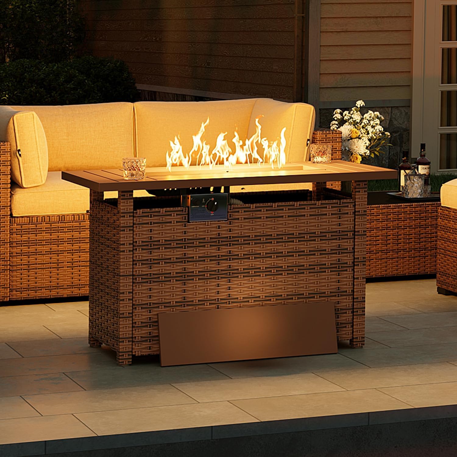 Aoxun Outdoor Patio Furniture with Fire Pit Table, 50,000 BTU Wicker Gas Fire Pits with Lid, 44'' Propane Gas Firepit Table for Backyard, Poolside, Garden (Brown)