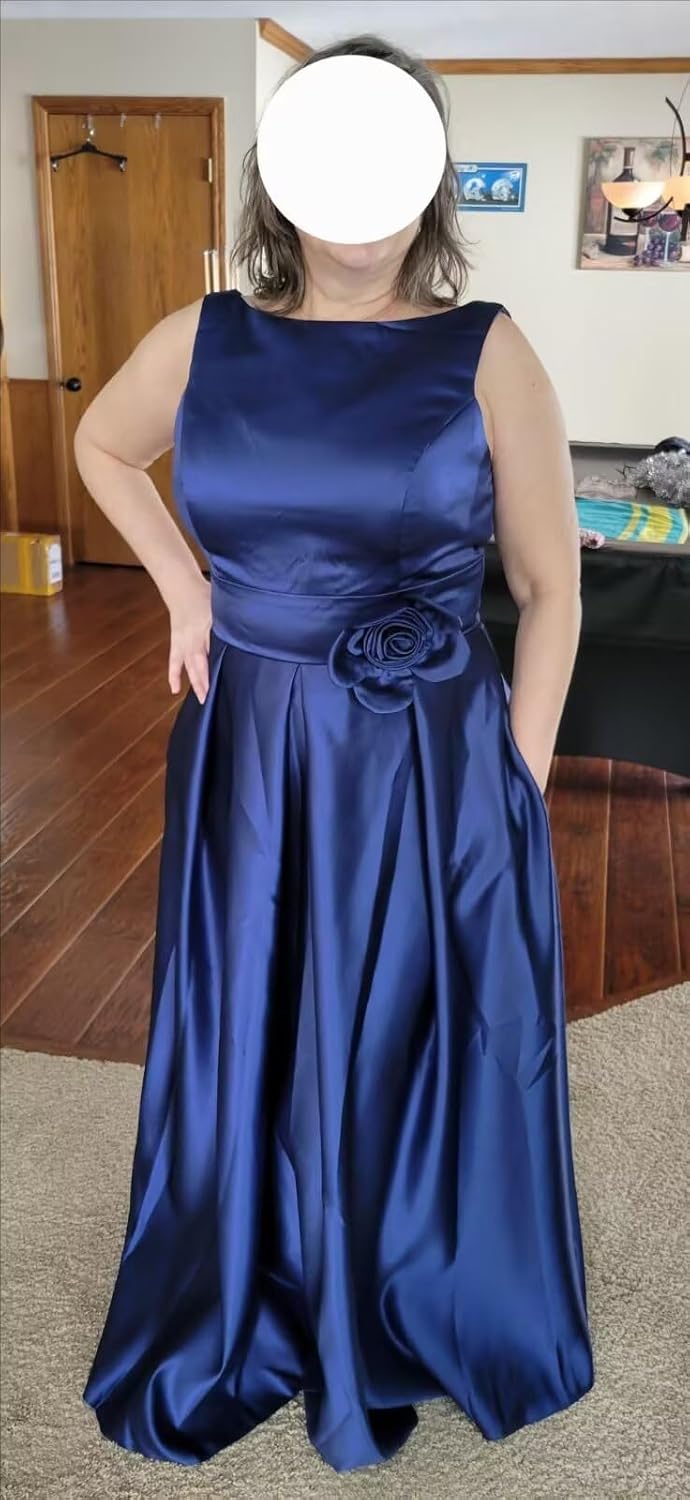 Formal Satin Mother of The Bride Dresses for Women Tea Length A Line Wedding Guest Dress with Pockets