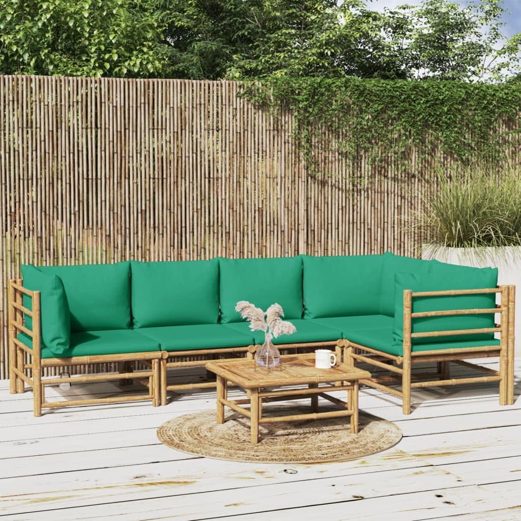 Garden Lounge Set Natural Bamboo, Green Cushions, 6-Piece Outdoor Patio Furniture Seating for 6, Durable Wood Frame