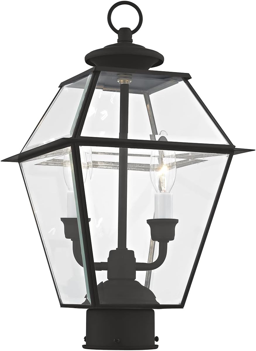Livex Lighting 2284-04 Westover 2 Light Outdoor Black Finish Solid Brass Post Head with Clear Beveled Glass, 16.50x9.00x9.00