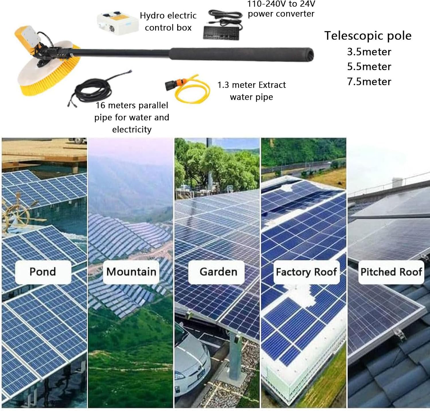 Photovoltaic Panel Cleaning Brush-Single Head Spin,3.5m/5.5m/7.5m Extendable Pole Brush,Solar Photovoltaic Panel Cleaning Brush-Mains Power,Adjustable Cleaning Angle/Speed/Water Pressure,7.5M