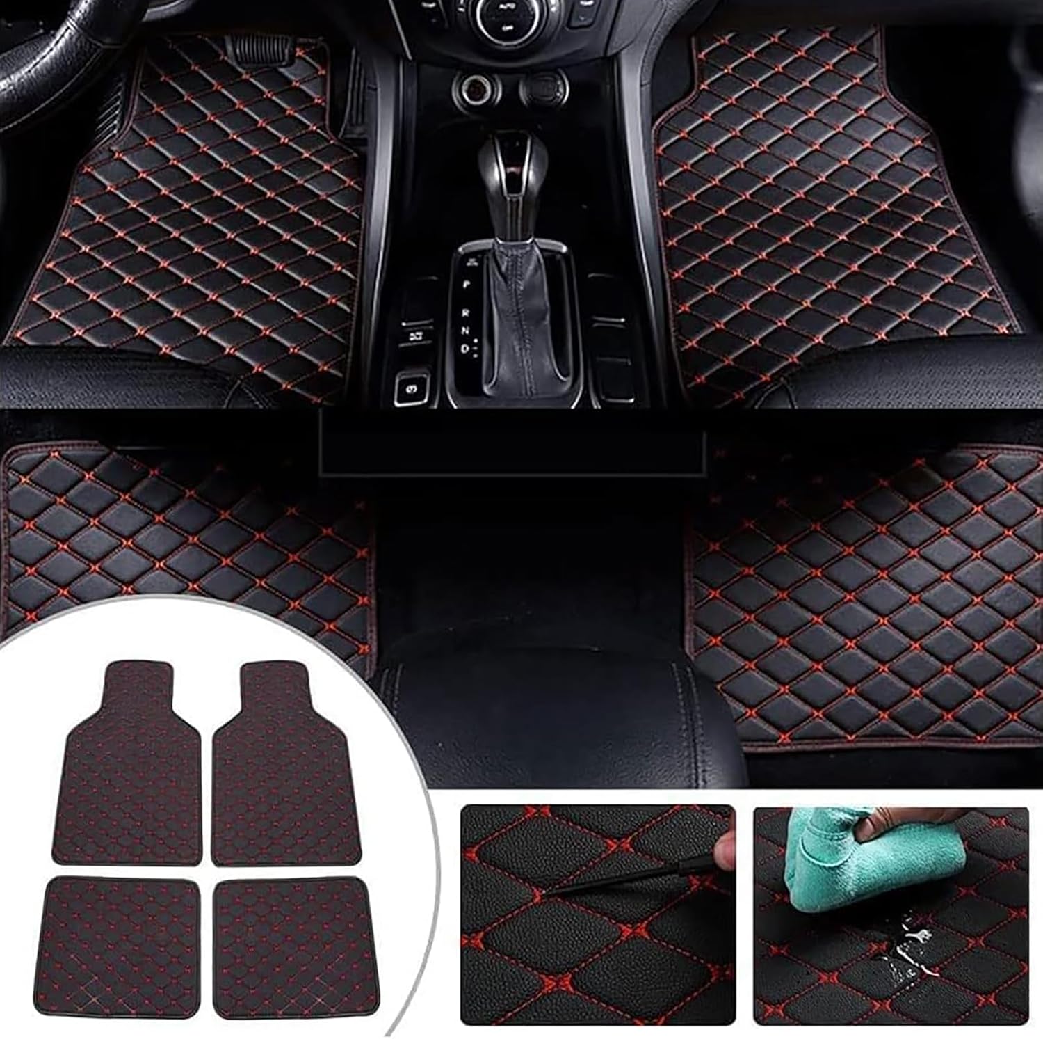 4 Pcs Leather Car Floor Mats for Audi A8 1st Generation 1994 1995-2002, Custom Front Rear Row Foot Pads Liners Waterproof Anti-Slip Carpet Protection Interior Accessories,D/Black-Red