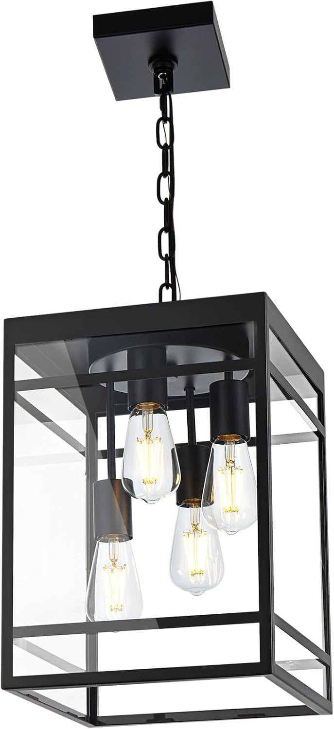 Large Outdoor Pendant Light for Porch, Black Outdoor Hanging Pendant Lighting Fixture, Exterior Linear Chandelier Hanging Lantern for Outside Patio,Front Door
