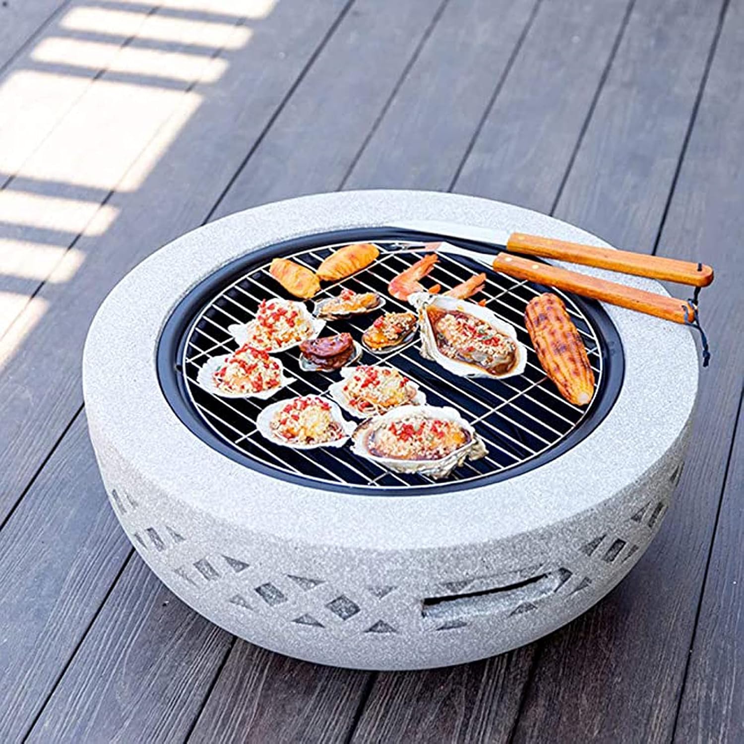 Fire Pit Upgraded Large 3 in 1 Fire Pit with BBQ Grill Shelf, Fire Bowl Out of Steel with an Edging of Mgo Artificial Stone with Poker, Grill, Mesh Lid, Grate