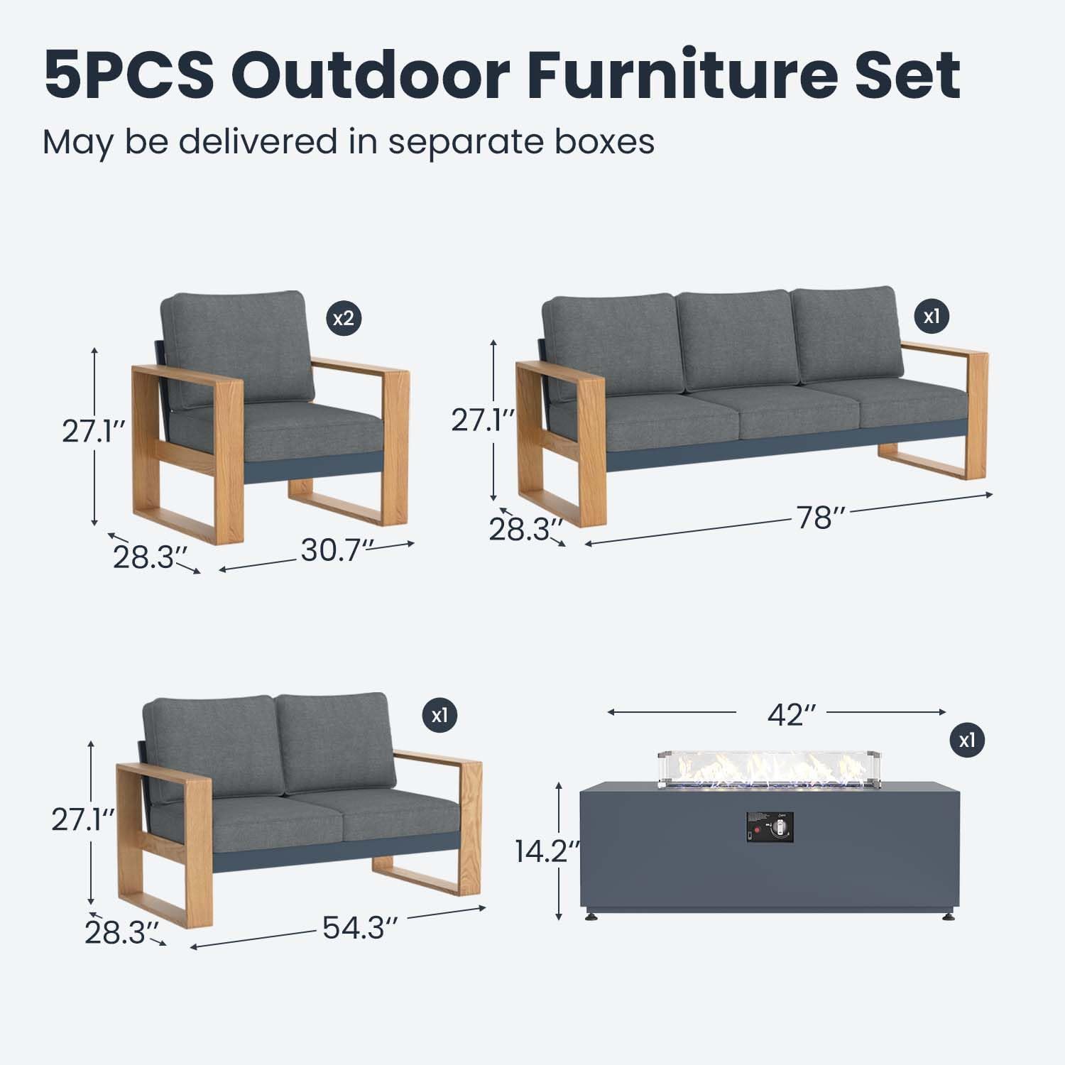 5 Pieces Aluminum Patio Furniture Set, Outdoor Conversation Sets with High Backrest Sofa and Fire Pit Table for Garden and Backyard
