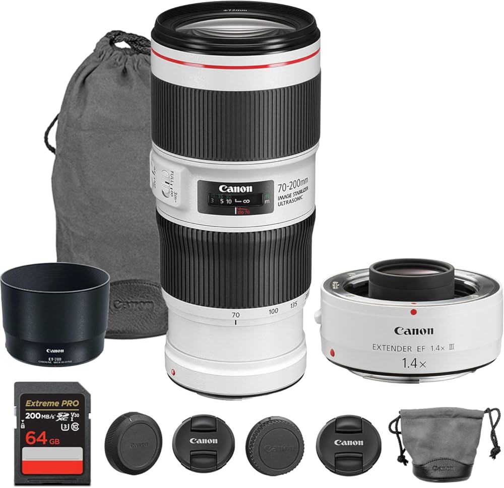 Canon EF 70-200mm f/4L is II USM Lens | L-Series Telephoto Zoom with Image Stabilization & Fast Autofocus | for Sports, Wildlife, & Portrait Photography (2309C002) + Extender EF 1.4X III, 64GB Card