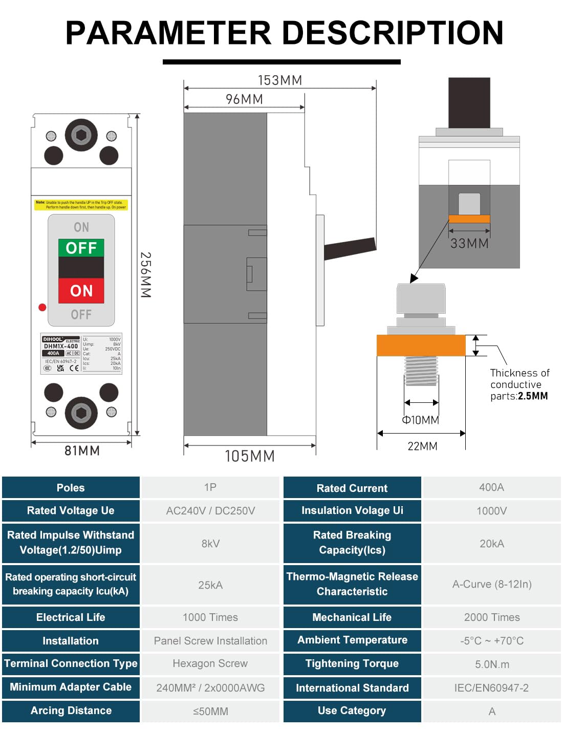 DIHOOL 400 Amp Heavy Duty Battery Disconnect Switch, DC Circuit Breaker for Car Audio RV Marine Boat Truck Trolling Motors