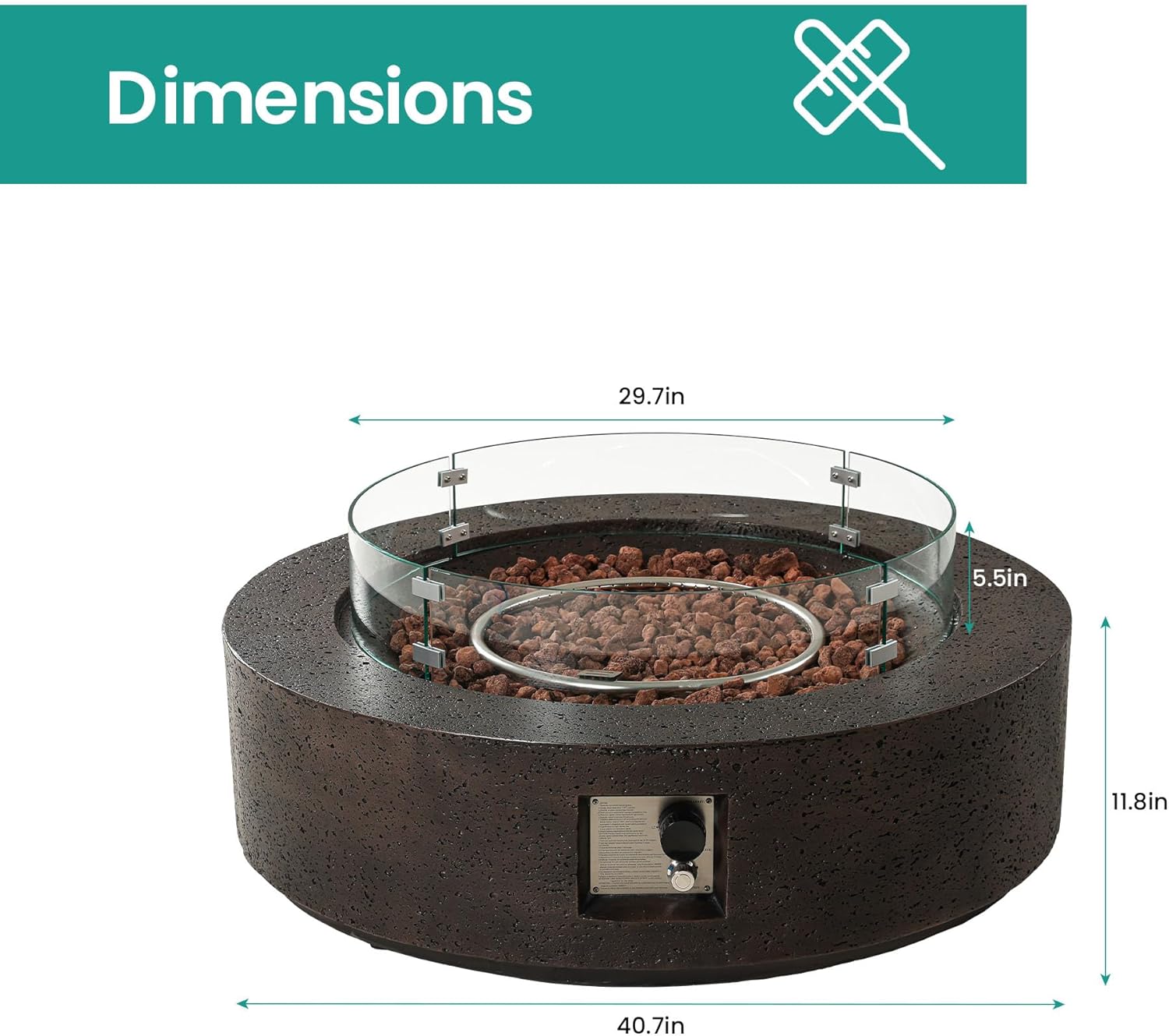 SUNBURY Propane Outdoor Fire Pit, Gas Patio Fire Table 50,000 BTU Concrete Travertine Design, CSA Certified, 42in Round Firepit with Lava Rocks, Wind Guard, Waterproof Cover (Brown)