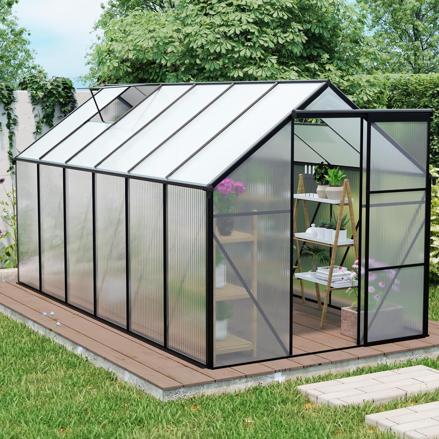 KEIKI 6x12 FT Upgraded Polycarbonate Greenhouse with Aluminum Frame,Raised Base and Roof Vent,Walk-in Greenhouses for Patio Garden