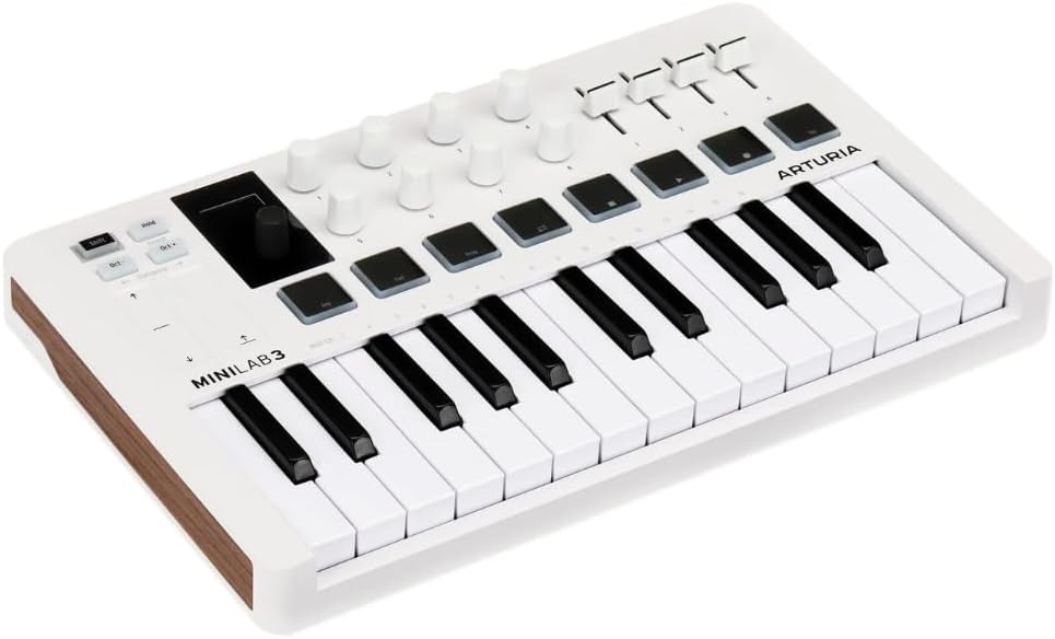 Arturia MiniLab 3 Mini Hybrid Keyboard Controller Bundle with iCON Pro Audio USolo Recording Interface, USB Cable & Liquid Audio Polishing Cloth - 25 Key Midi Controller, Recording Studio Equipment