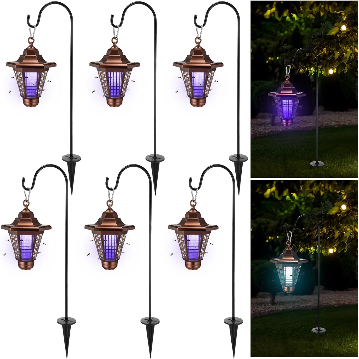 Qualirey 6 Pcs LED Solar Mosquito Zapper Waterproof 2 in 1 Hanging Bug Repellent Lights Hexagonal Mosquito Trap Outdoor Gnat Zapper for Summer Outside Backyard Patio Garden Farm(Gold)
