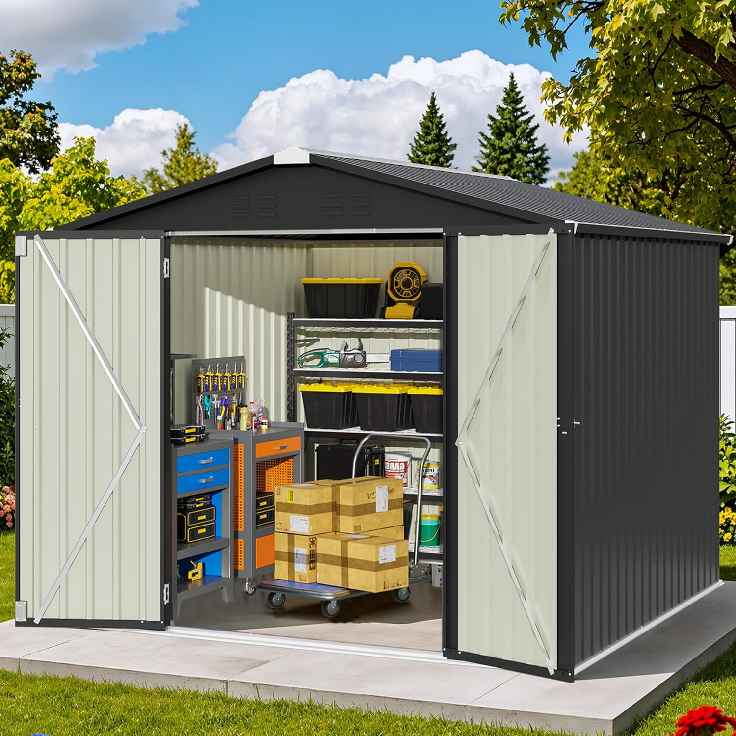 Patiowell 8x8 FT Outdoor Storage Shed, Heavy Duty Tool Metal Sheds with Lockable Doors and Updated Frame Structure for Backyard Patio Lawn, Black