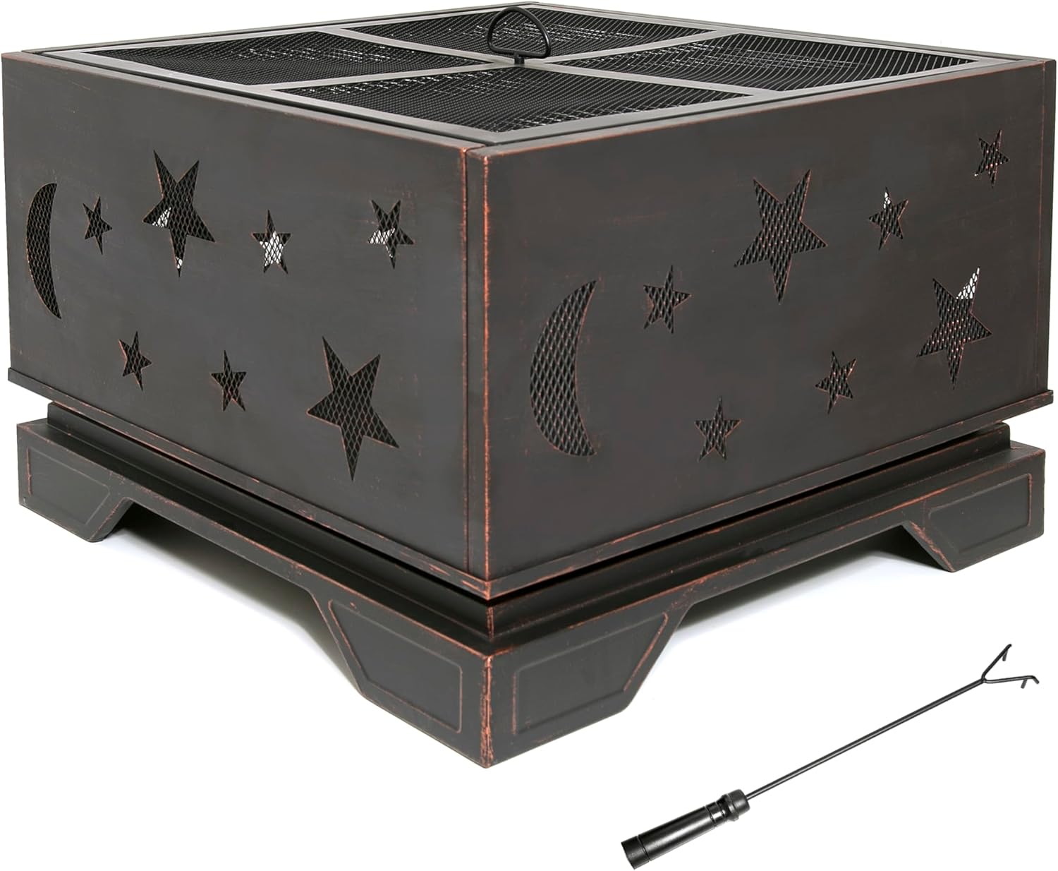 26 Inch Square Fire Pit with BBQ Grill, Outdoor Wood Burning Firepit with Poker, Large Burning Space Fireplace for Patio GCamping Backyard Picnic Bonfire