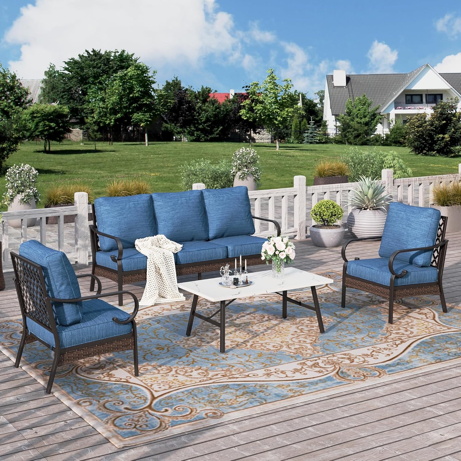 HERA'S HOUSE 4 Piece Metal Patio Furniture Set, All Weather Outdoor Conversation Set with 3 Seat Sofa, 2 x Cushioned Fixed Chair & Coffee Table, Seats 5 for Backyard, Garden, Deck, Pacific Blue