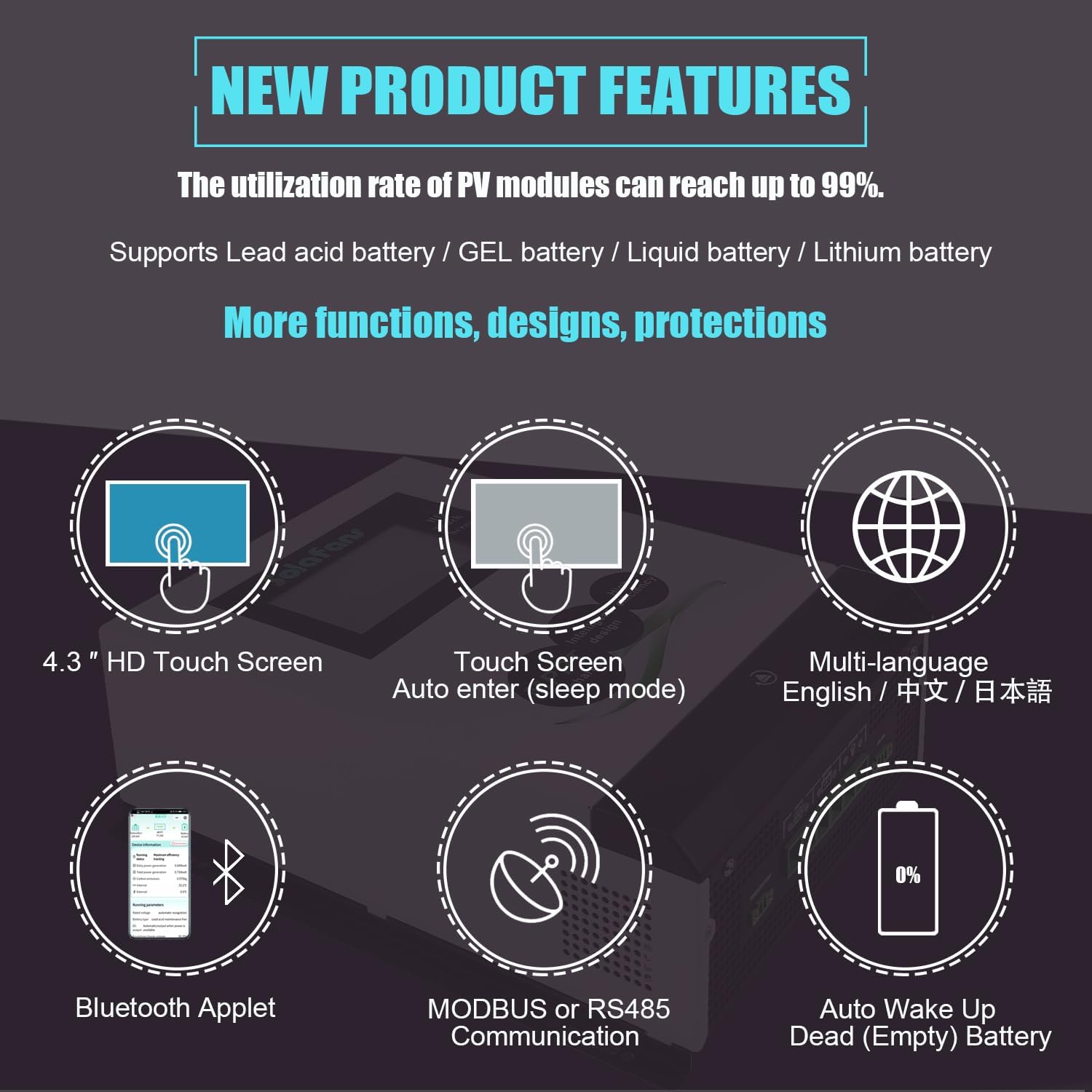 96V 60A Modbus MPPT Controller 6600W Solar Panels Input HD Touch Screen 48V/60V/72V/84V/96V PV180V Battery Reactivation Multi-Language with Bluetooth