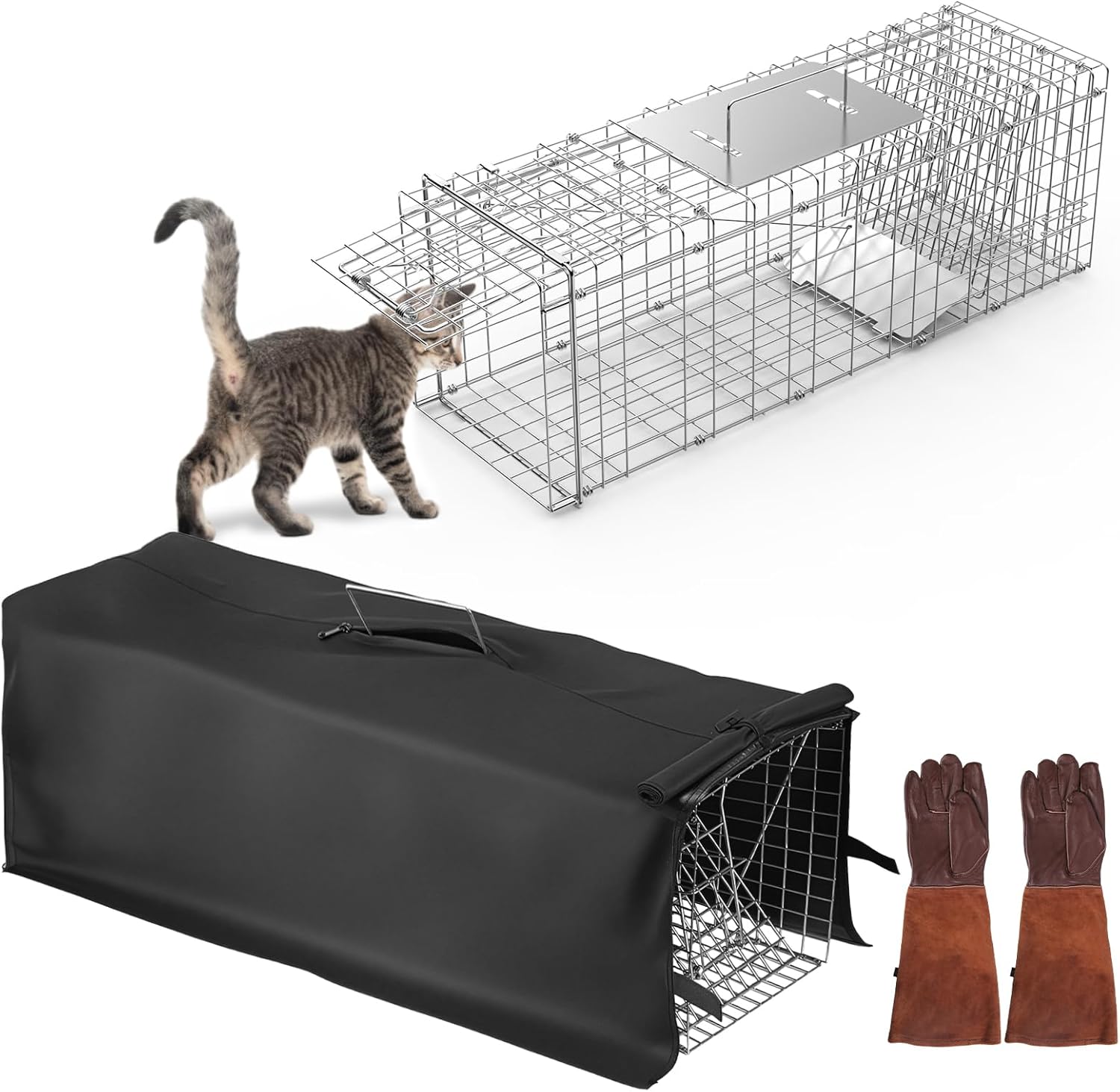 Folding Live Animal Trap Cage Racoon Traps with Waterproof Cover and Gloves Easy to Catch and Release for Stray Cats Raccoons Squirrel Skunk Groundhog Armadillo Rabbit