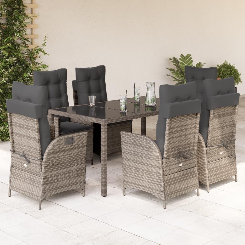 Furniture Sets 7 Piece Patio Dining Set with Cushions Gray Poly Rattan,Rattan Garden Dining Set with Adjustable Reclining Chairs and Footrests Garden Conversation Sets