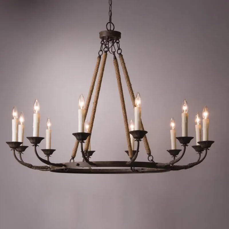 homary Rustic Candle Chandelier, 12-Light Vintage Farmhouse Chandelier for Dining Room Lighting Fixtures Hanging, Dining Light Fixtures with Adjustable Chain, Metal & Hemp Rope for Living Room