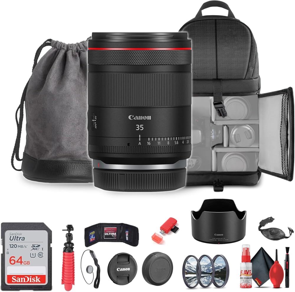 Canon RF 35mm f/1.4 L VCM Lens (Canon RF) (6710C002) + 64GB Card + Filter Kit + Backpack + Flexible Tripod + Cap Keeper + Cleaning Kit + Memory Card Wallet + Card Reader + Hand Grip Strap (Renewed)