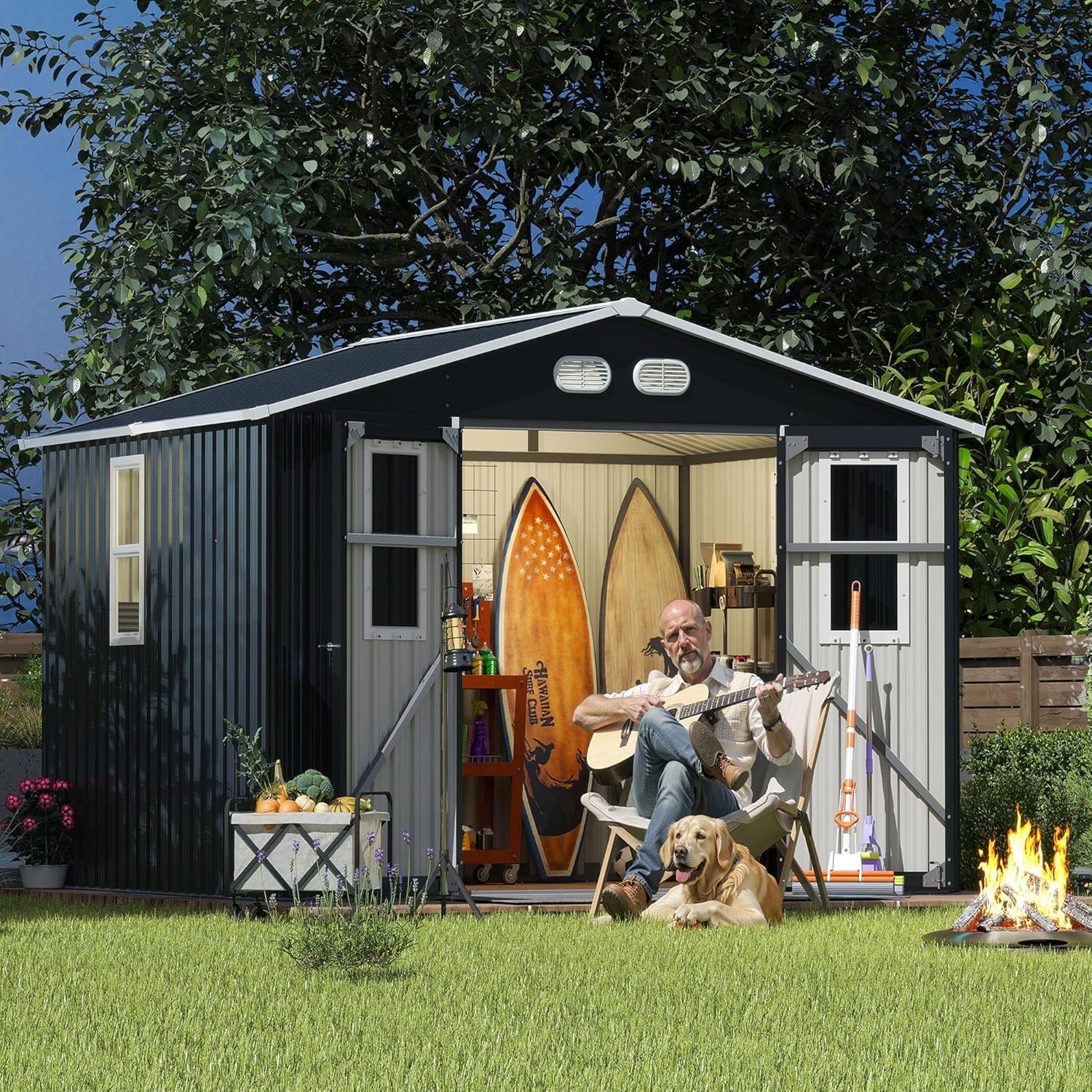 Outdoor Storage Shed 8x10 FT Metal Shed with 4 Windows and 4 Vents, Lockable Double Doors, Large Color Steel Tool Sheds House for Garden, Backyard, Patio, Dark Gray