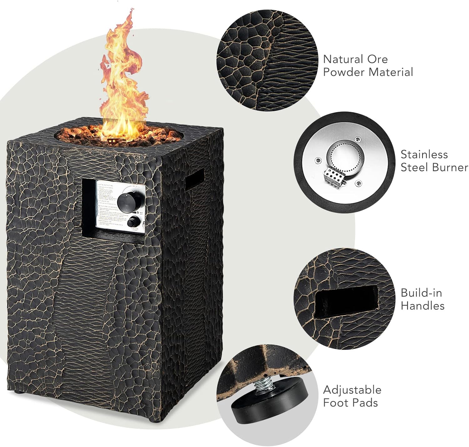 Giantex Fire Pit for Outside 16’’Gas Fireplaces, 30,000 BTU Electronic Ignition Square with Lava Rocks, Instant Touch-up Pen, Waterproof Cover, for Patio,Outdoor, CSA Certified Outdoor Firepits(Black)