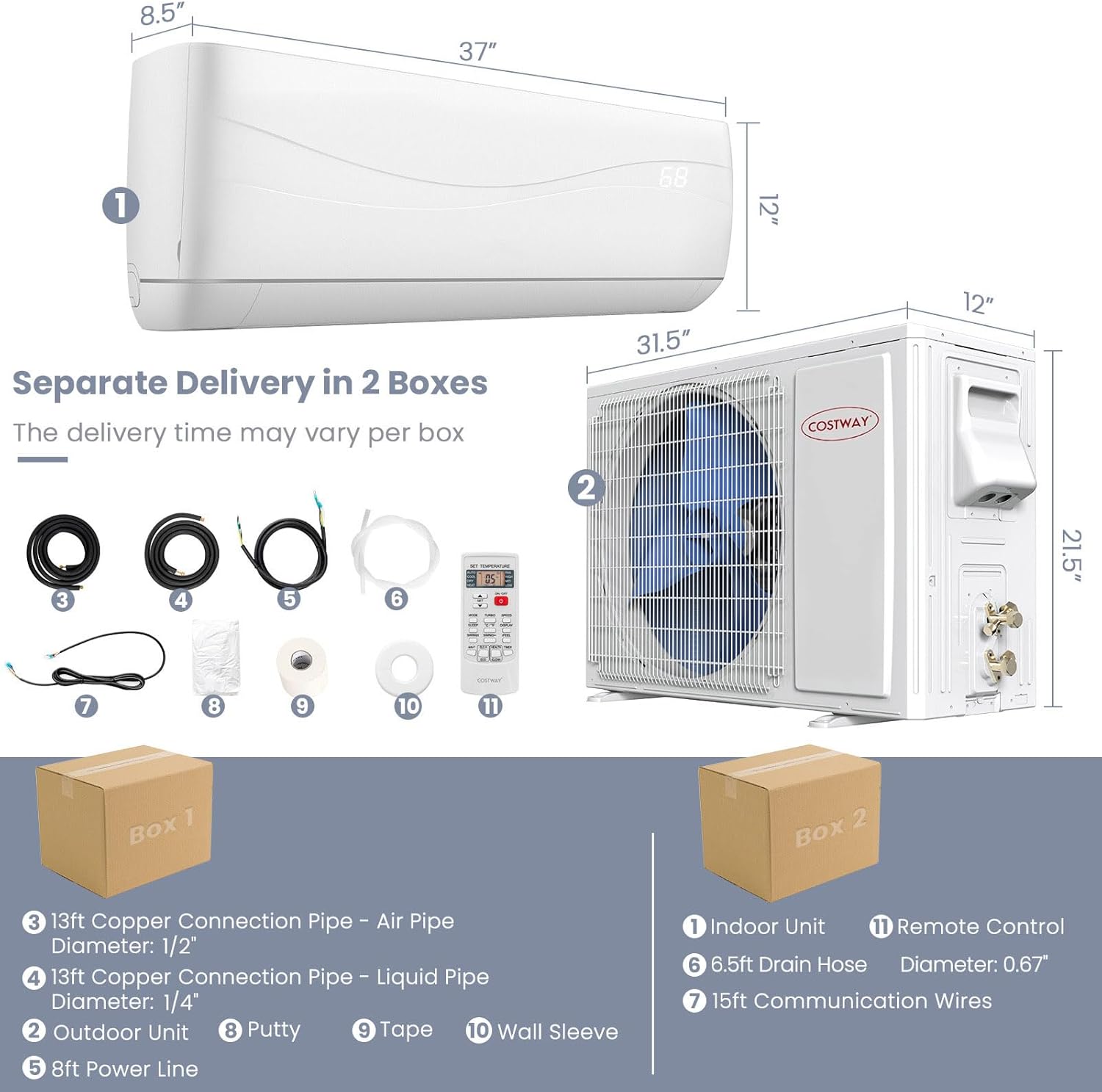LDAILY Split Air Conditioner, Inverter Air Conditioner with 5 Operation Modes, 4 Speeds, & Self-cleaning Function, Remote Control & Installation Kit Included, Good Performance Ac Unit (18000Btu, 220V)