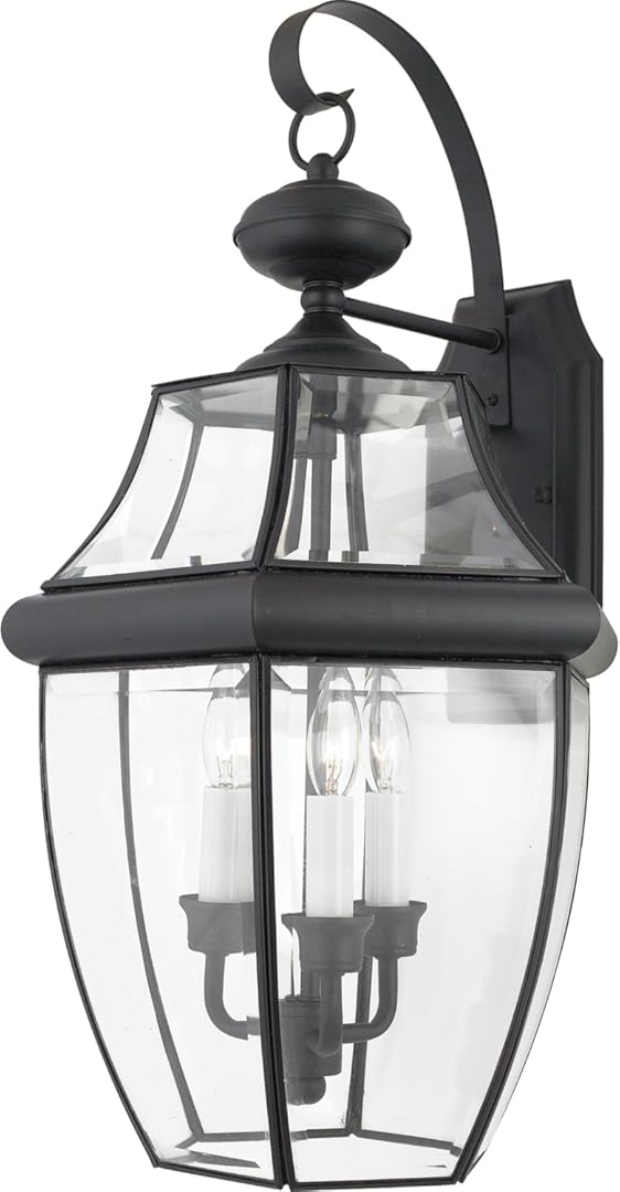 Quoizel Newbury Outdoor Wall Lantern, 23 Inch 3-Light Mystic Black Wall Sconce, French Country Exterior Wall Lantern Fixture, E12 Base, Clear Glass, Outside Lights for Patio, Porch, Garage or Yard