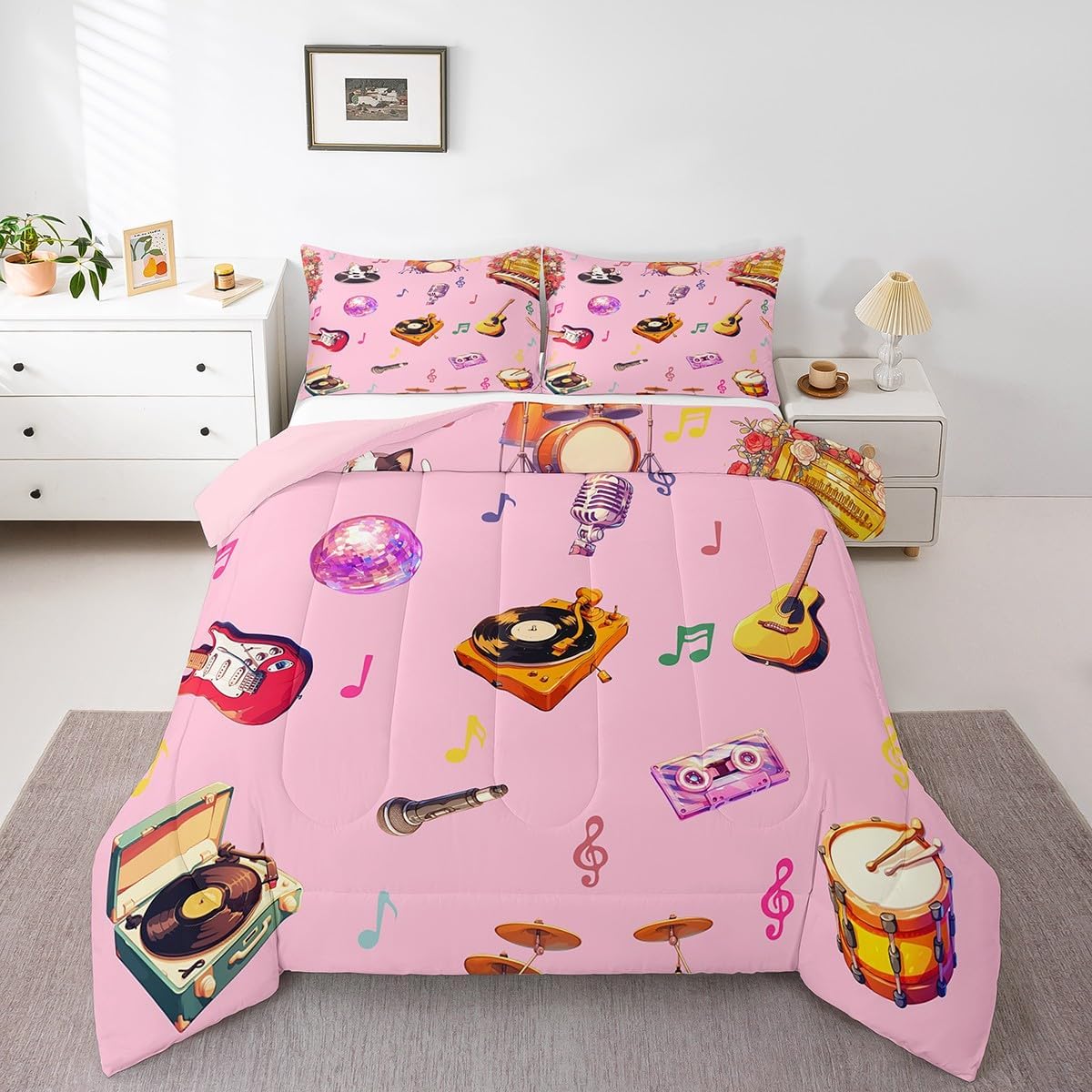 Colorful Music Notes Kids Comforter Set King Size,Guitar Bass Musical Instrument Theme Reversible Quilted Duvet with 2 Pillowcases Disco Style Phonograph Piano Pink Comforter for Boys Teens Bedroom