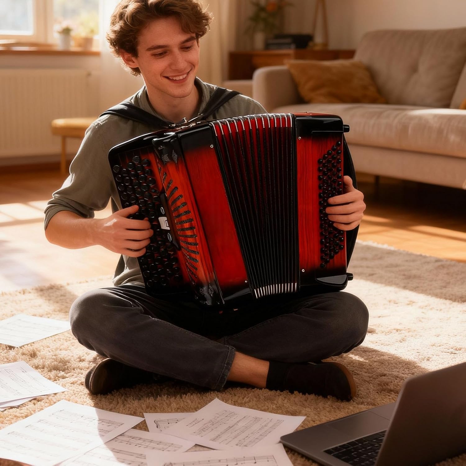 SUNGOOYUE Accordion, 69 Key 96 Bass Button Chromatic Accordion Instrument with F B E Tuning for for Children Beginners to Practice Orange