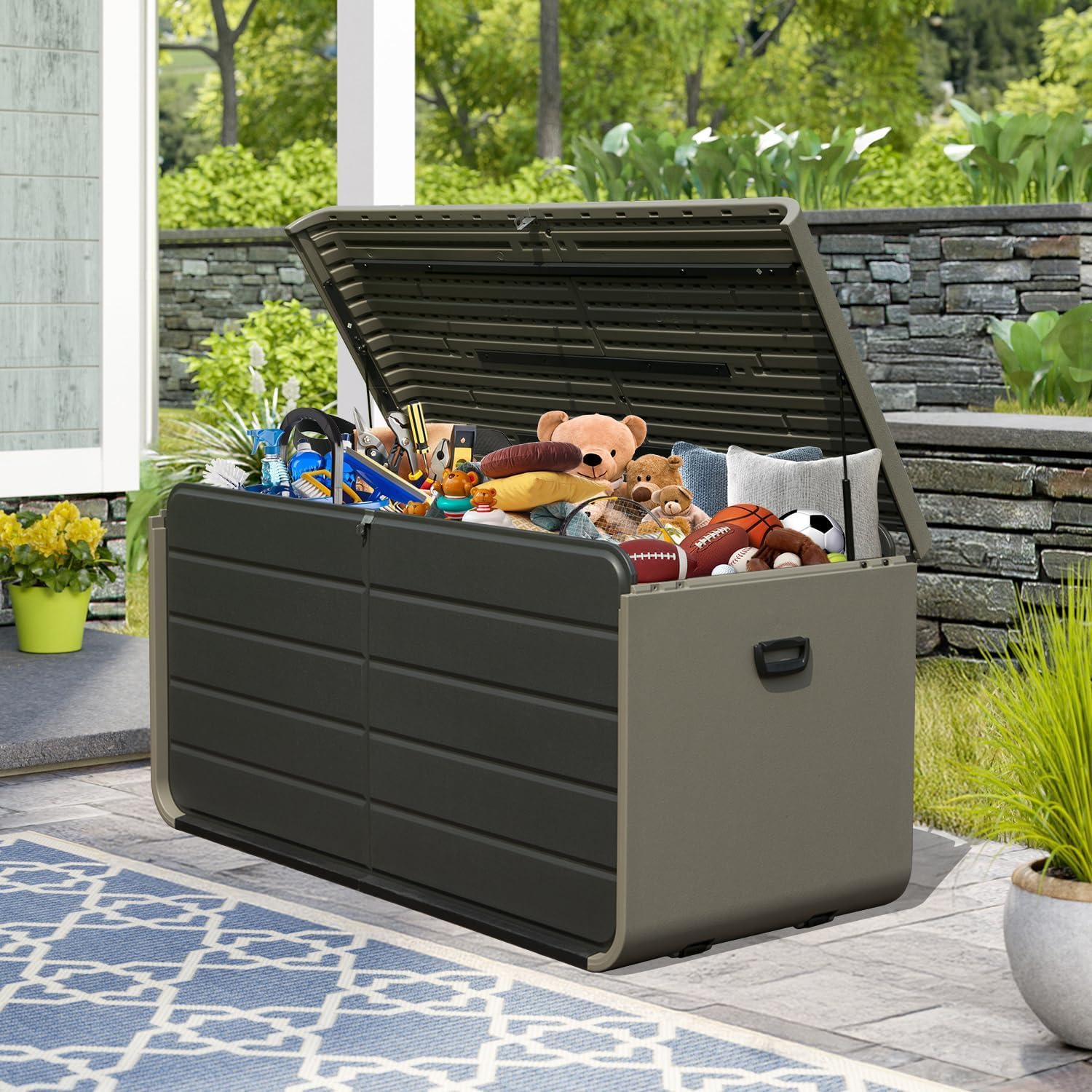 260 Gallon Outdoor Storage Box, Waterproof Plastic Deck Box, Large Patio Storage Bin for Outside Cushions Throw Pillows Garden Tools Lockable Storage Container, Grey
