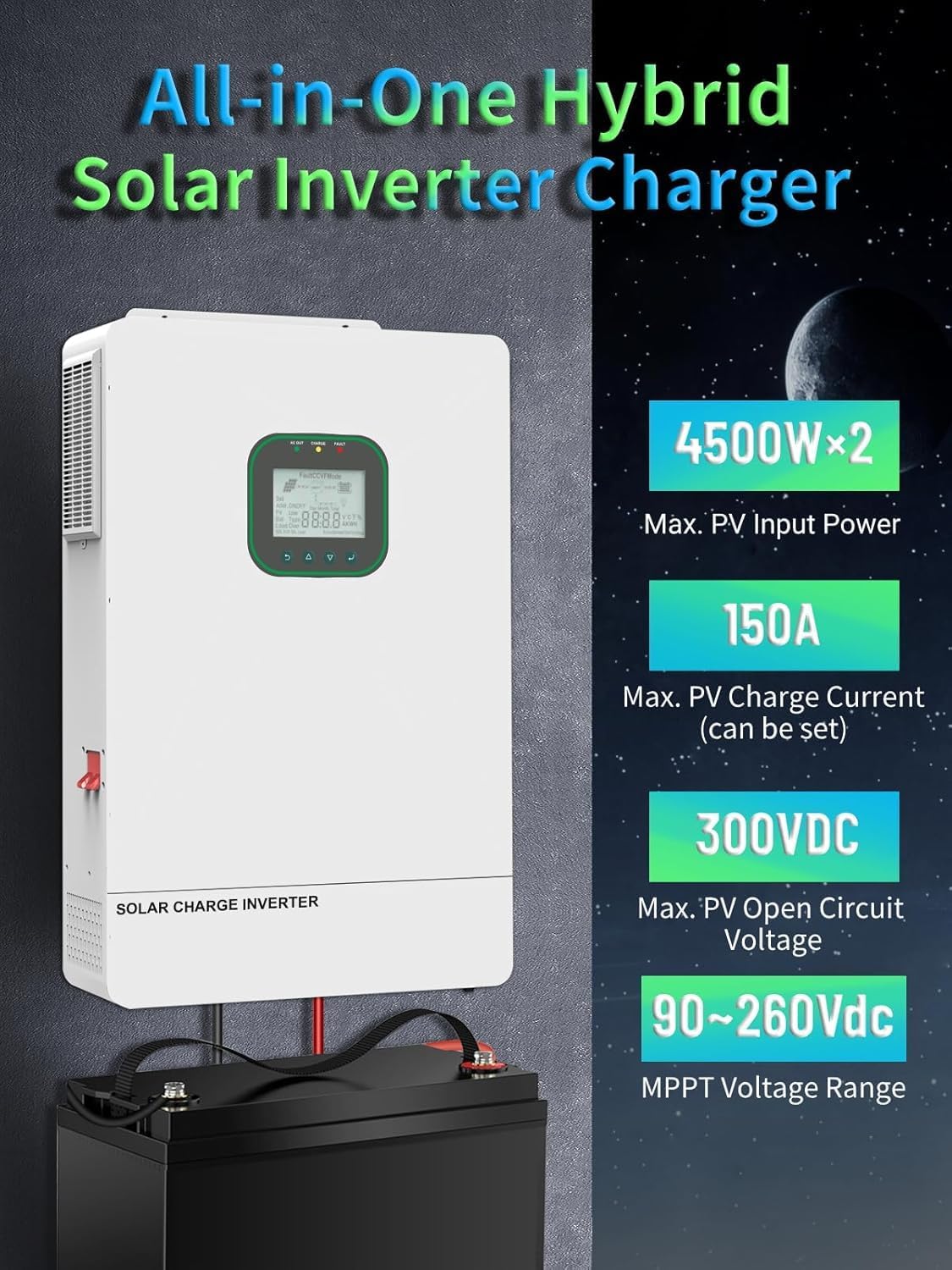 All in One 6500W Solar Hybrid Inverter Pure Sine Wave Inverter with Single Phase Split Phase，MAX 6 Parallel, Work with 48V Lead Acid/LiFePO4 for Home, RVs, (6.5KW-WiFi)