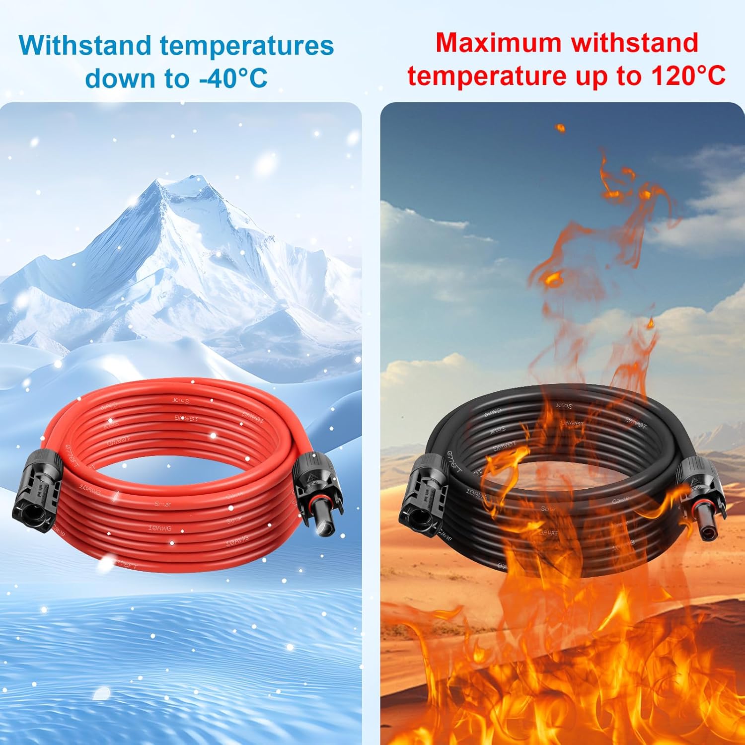 Solar Panel Extension Cable - 10AWG 50FT Solar Wire with Waterproof Male & Female Connectors for RV, Home, Boat, Car (Red + Black)