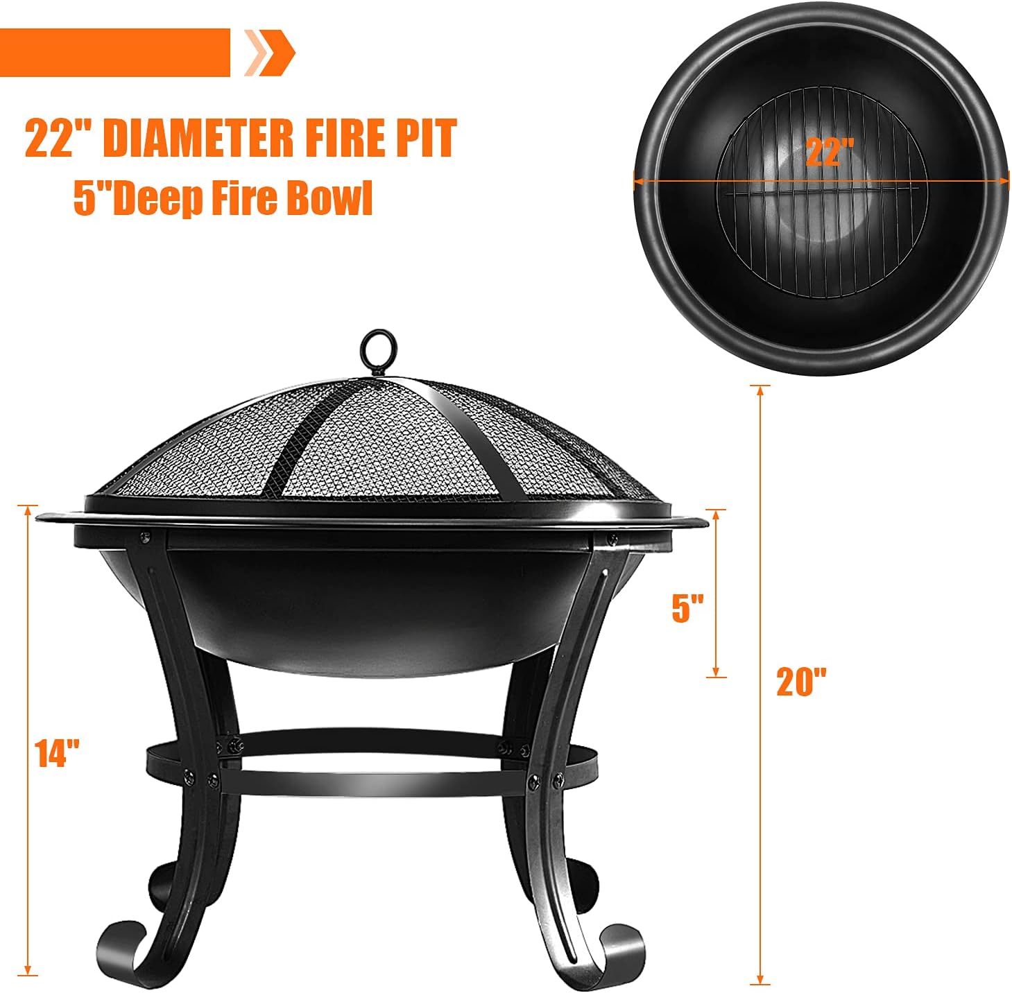 Outdoor Fire Pits, 22'' Portable Bonfire FirePits for Outside Wood Burning with Spark Screen and Fireplace Poker for Backyard Garden Patio Bonfire Heating, Camping and BBQ, Black