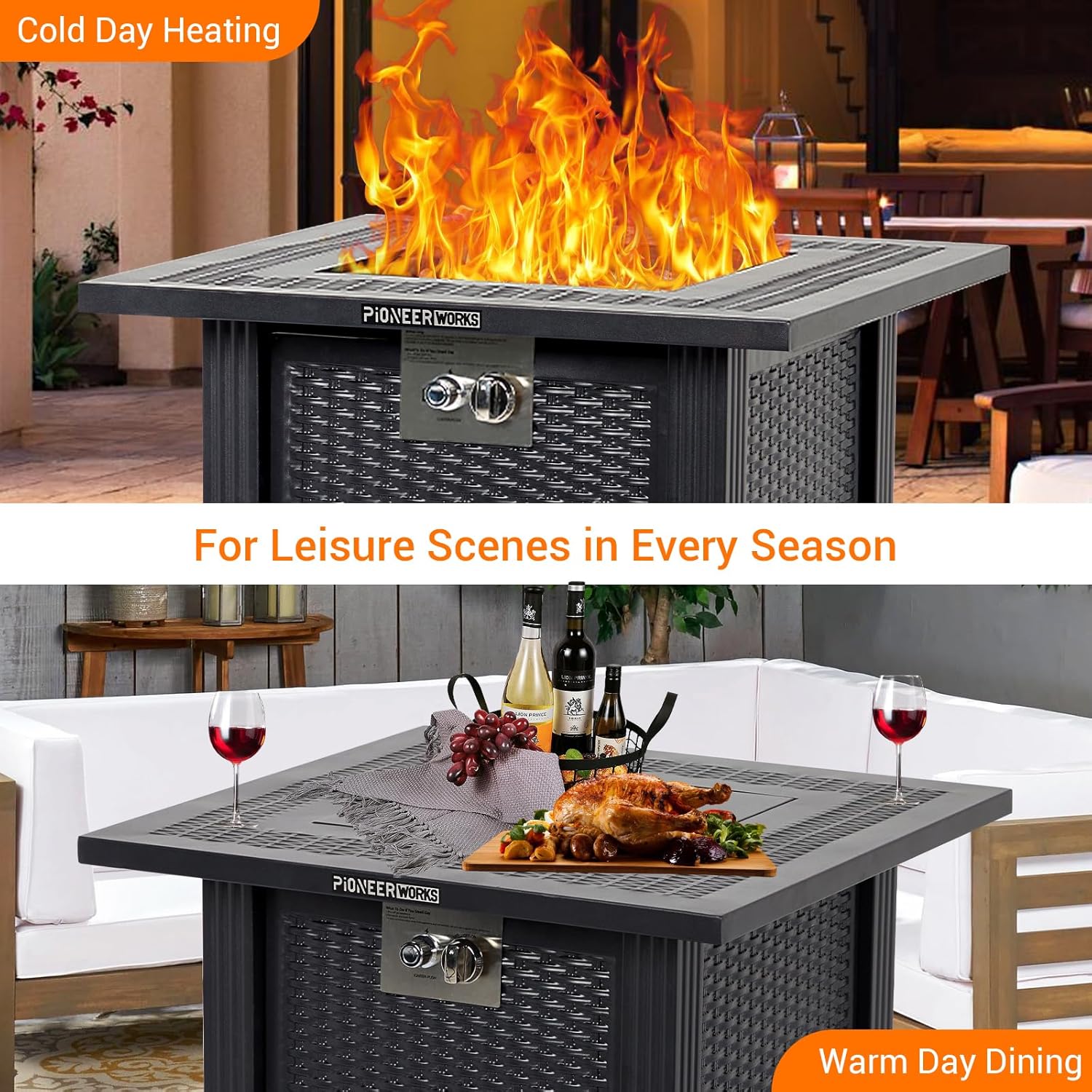 28 Inch Propane Fire Pit, CSA-Listed Outdoor Gas Fire Pit, 50,000 BTU Steel Fire Table with Lid and Lava Rock, Gas Fire Pits for Patio, Stainless Steel Burner Head for Warmth Ambiance Black