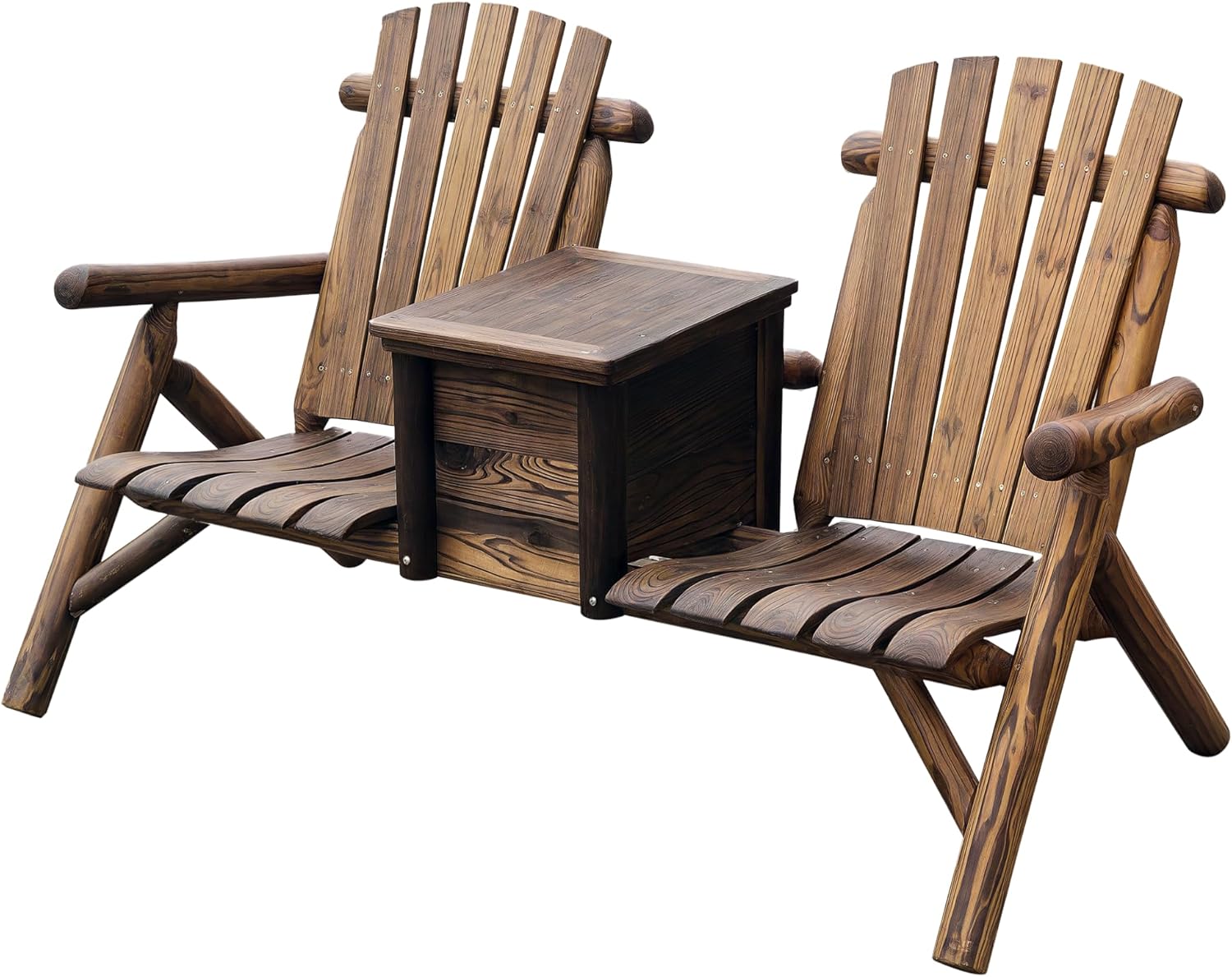 Outsunny Double Wooden Adirondack Chair with Ice Bucket, Outdoor Loveseat with High Backrest, Smooth Armrest, Rustic Brown