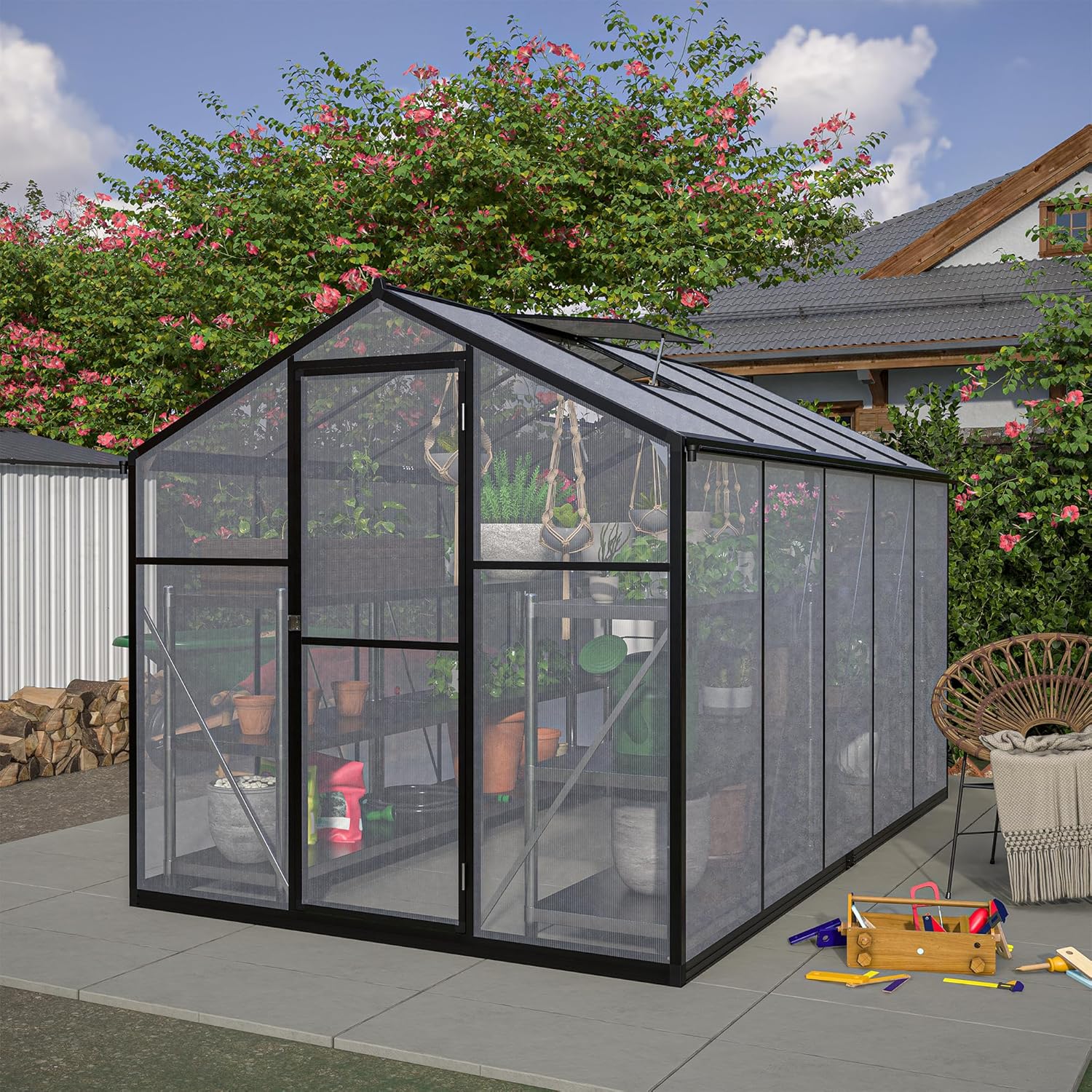 10x6 FT Hybrid Polycarbonate Greenhouse Walk-in Hot House Outdoor Hobby Greenhouse Kit Heavy Duty Aluminum for Backyard Garden with Hinged Door, Vent Window, Rain Gutter