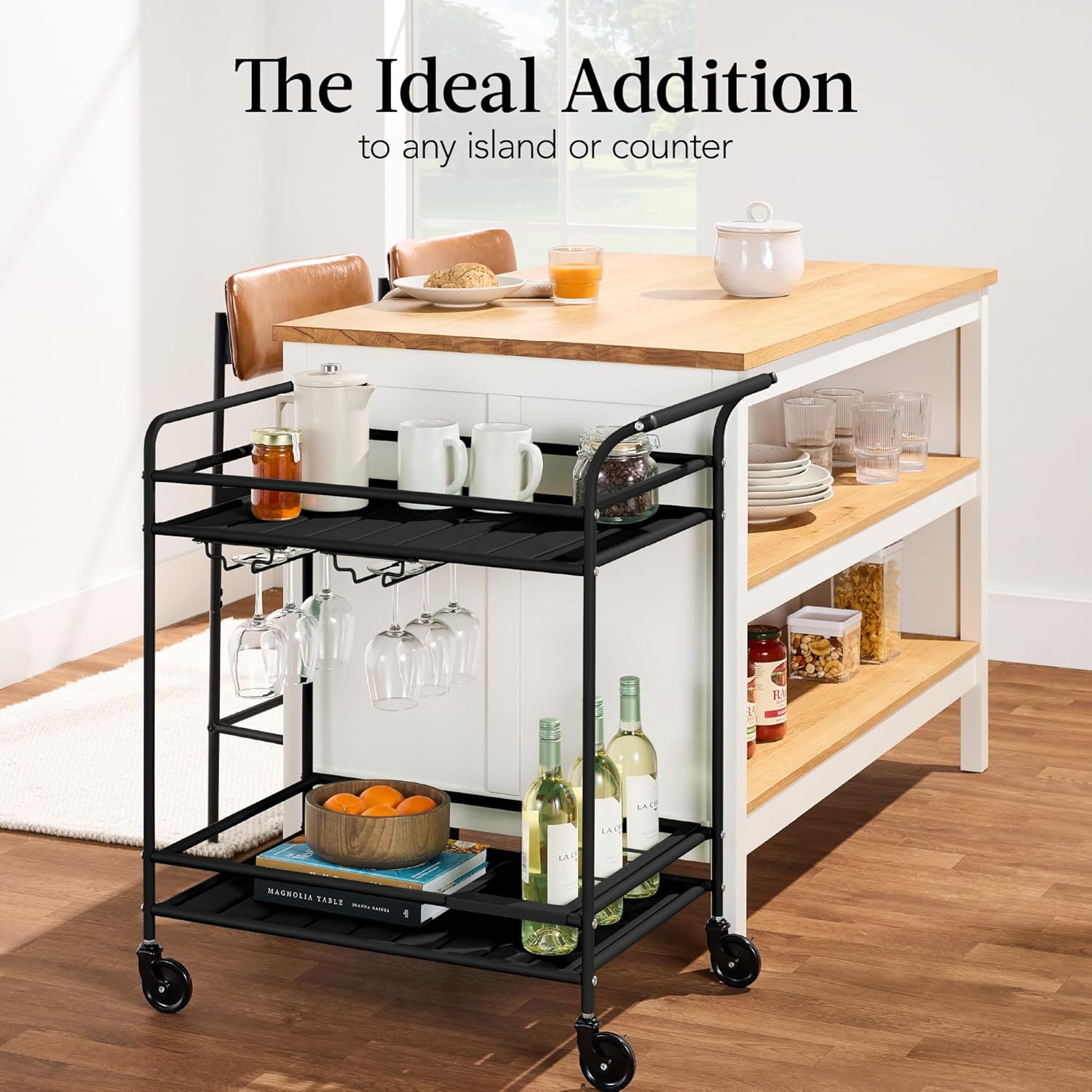 Best Choice Products Rolling Bar Cart, Mobile Home Bar Serving Cart, Serving Station w/ 2 Tier Shelves, Wine Rack, Lockable Wheels - Black