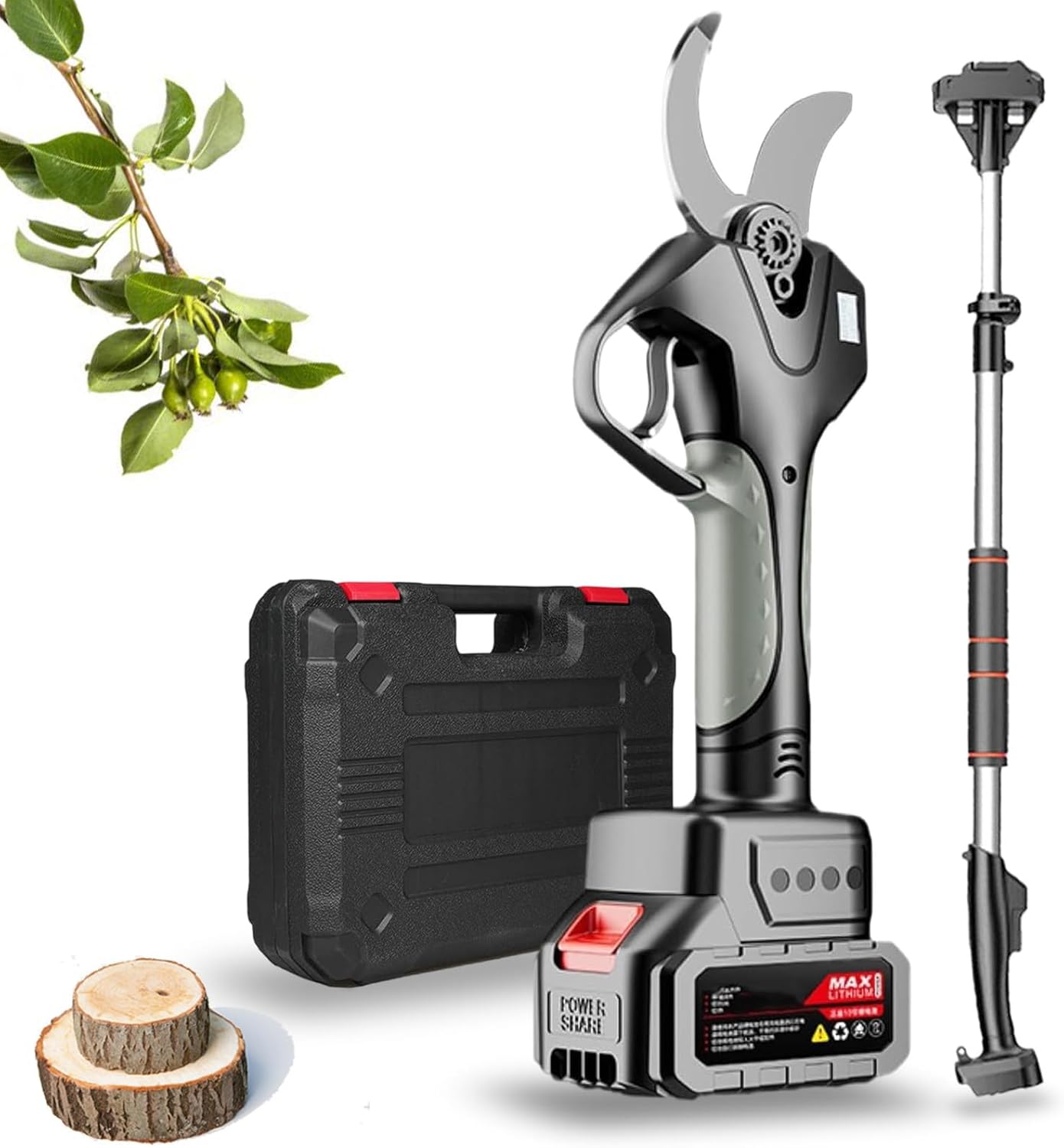 Wireless Pruning Scissors Electric Shears, Rechargeable Battery Pruning Scissors Cutting Diameter 50mm, Professional Pruning Scissors 10-12 Hours of Work, with Extension Rod,‎1Battery